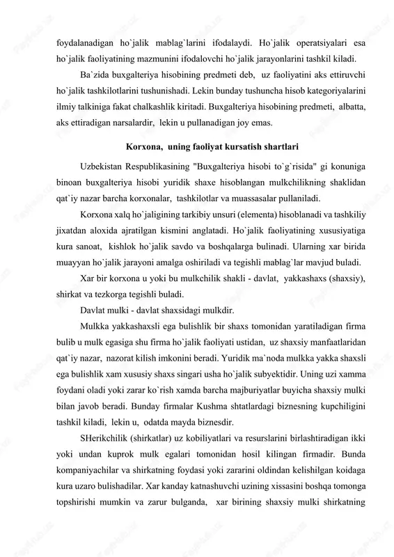 gishli mablag`lar mavjud buladi. xar bir korxona u yoki bu mulkchilik shakli - davlat, yakkashaxs (shaxsiy), shirkat va tezkorga tegishli buladi. davlat mulki - davlat shaxsidagi mulkdir. mulkka yakkashaxsli ega bulishlik bir shaxs tomonidan yaratiladigan firma bulib u mulk egasiga shu firma ho`jalik faoliyati ustidan, uz shaxsiy manfaatlaridan qat`iy nazar, nazorat kilish imkonini beradi. yuridik ma`noda mulkka yakka shaxsli ega bulishlik xam xususiy shaxs singari usha ho`jalik subyektidir. uning uzi xamma foydani oladi yoki zarar ko`rish xamda barcha majburiyatlar buyicha shaxsiy mulki bilan javob beradi. bunday firmalar kushma shtatlardagi biznesning kupchiligini tashkil kiladi, lekin u, odatda mayda biznesdir. sherikchilik (shirkatlar) uz kobiliyatlari va resurslarini birlashtiradigan ikki yoki undan kuprok mulk egalari tomonidan hosil kilingan firmadir. bunda kompaniyachilar va shirkatning foydasi yoki zararini oldindan kelishilgan koidaga kura uzaro bulishadilar. xar kanday katnashuvchi uzining xissasini boshqa tomonga topshirishi mumkin va zarur bulganda, xar birining shaxsiy mulki shirkatning majburiyatlarini" tulash uchuy olib kuyilishi …