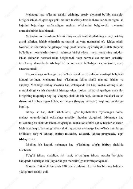 y-mukofot shaklida, to’g’ri ishbay baholardagi ish haqidan tashqari, qo’shimcha ravishda o’rnatilgan ko’rsatkichlarni (ish sifati, shoshilinchliligi, mijozlar tomonidan asoslangan shikoyatlarning yo’qligi va hokazo) bajarganligi yoki oshirib bajarganligi uchun mukofot hisoblanadi. mukofotlar ishbay ish haqi bo’yicha haqiqatda ishlab berilgan vaqt uchun hisoblanadi. misol: chilangar bir oyda 120 ta, har birinung bahosi - 455 so’mlik buyum ishlab chiqardi. buyumni tayyorlashga 1,7 kishi/soat sarflanadi. ishlab chiqarish me'yorlarini bajarganlik uchun ishbay ish haqidan 5% miqdorida, me'yordan oshirib bajargan har bir foiz uchun ishbay ish haqining 1% miqdorida mukofot to’lananishi ko’zda tutilgan. chilangar tomonidan 24 smena 8 soatdan ishlab berilgan. chilangar 120 ta buyumni qayta ishladi, shunga ko’ra uning to’g’ri ishbay ish haqi 54600 so’mni tashkil etadi (120 x 455). buyumlarni qayta ishlashga ketgan vaqt 192 soatni tashkil etdi (24 smena 8 soatdan). 1 dona buyumni tayyorlashga 1,7 kishi/soat sarflanadi, bundan kelib chiqib vaqt me'yorini bajarish 106,3% ni ((120 x 1,7):(24 x 8) x 100) tashkil …