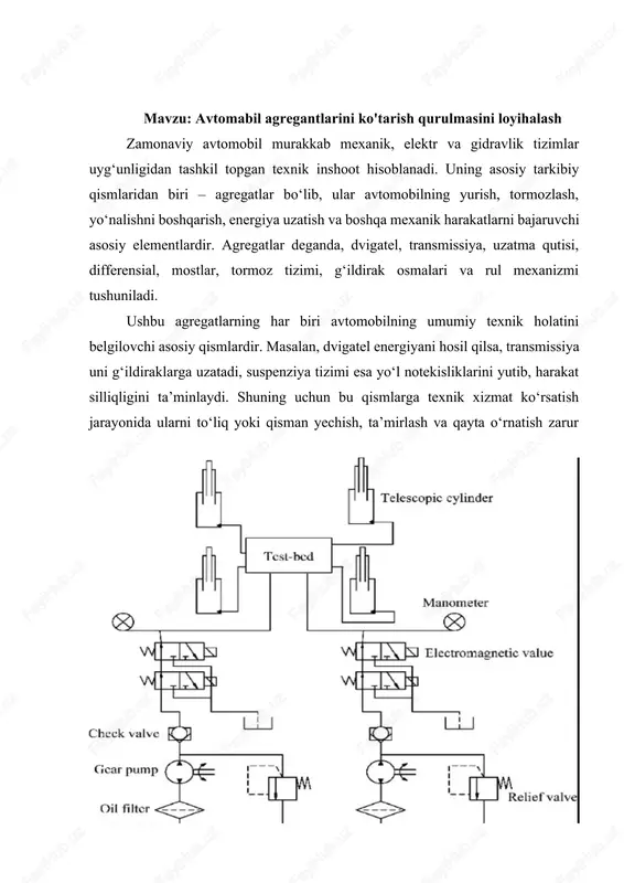 i navbatda texnik xavfsizlik, mustahkamlik, barqarorlik va ergonomika talablariga e’tibor qaratiladi. qurilma inson bilan bevosita aloqada bo‘ladigan texnik vosita bo‘lgani sababli, uning ishlashi davomida hech qanday xavf tug‘dirmasligi zarur. loyihalash jarayonida qurilmaning yuk ko‘tarish quvvati, ko‘tarish balandligi, harakat tezligi, kuchlanish holati va muvozanat sharoitlari hisobga olinadi. agregatning massasi, og‘irlik markazining joylashuvi, harakat yo‘nalishi va o‘rnatish maydoni qurilma konstruksiyasini aniqlovchi asosiy omillardir. shuningdek, qurilmaning asosiy materiali sifatida yuqori mustahkamlikka ega po‘lat, alyuminiy qotishmalari va ayrim hollarda kompozit materiallardan foydalanish mumkin. loyihada xavfsizlik mexanizmlari — tormoz tizimi, bloklovchi klapanlar, favqulodda to‘xtatish tugmalari va bosim datchiklari mavjud bo‘lishi shart. shuningdek, qurilma energiya tejamkor va ekologik xavfsiz bo‘lishi talab etiladi. hozirgi davrda ekologik talablar ishlab chiqarish texnikasida alohida e’tiborga olinmoqda, shu sababli ko‘tarish tizimlari uchun ham atrof-muhitga zarar keltirmaydigan, suyuqlik sizib chiqmaydigan gidravlik tizimlar ustuvor hisoblanadi.ko‘tarish qurilmalari bilan ishlovchi texnik xodimlarning mehnat xavfsizligini ta’minlash — bu loyihaning eng muhim tarkibiy qismidir. qurilmaning boshqaruv tizimi …