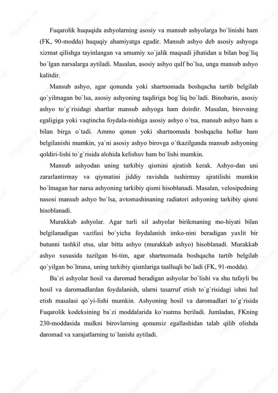 uf etish to`g`risidagi ishni hal etish masalasi qo`yi-lishi mumkin. ashyoning hosil va daromadlari to`g`risida fuqarolik kodeksining ba`zi moddalarida ko`rsatma beriladi. jumladan, fkning 230-moddasida mulkni birovlarning qonunsiz egallashidan talab qilib olishda daromad va xarajatlarning to`lanishi aytiladi. ashyodan keladigan hosil va daromadlar, agar qonunda yoki shartnomada boshqacha tartib belgilab qo`yilgan bo`lsa, ashyo egasiga tegishlidir (fk, 92-modda). mol-mulklar – fuqarolik huquqining obyekti sifatida fuqarolik-huquqiy munosabatlarning obyekti bo`lib ko`ringan mulk tushunchasi to`g`risida to`xtalib, shuni aytish kerakki, ba`zi hollarda ashyo narsalarni mulk deb atalsa ham mol-mulk atama-sining ma`nosi birmuncha keng bo`lishini bilamiz. mol-mulk deyilganda, ma`lum shaxsga (fuqaro yoki tashkilotga) egalik huquqi bilan tegishli ayrim ashyolar yoki ashyolarning yig`in-disi nazarda tutiladi. mol-mulk tarkibiga majburiyat huquqi, mualliflik va ixtiro-chilikka oid mulkiy huquqlar, oila huquqi bilan bog`liq bo`lgan majburiyatlardan kelib chiqadigan mulkiy talablar, qarz berili-shida olingan tilxatlar ham kiradi. demak, mol-mulk bu munosabatdir. (bu haqda mulk huquqi va boshqa ashyoviy huquqlar mavzusida yanada batafsil to`xtaymiz). mol-mulk atamasi cheklangan …