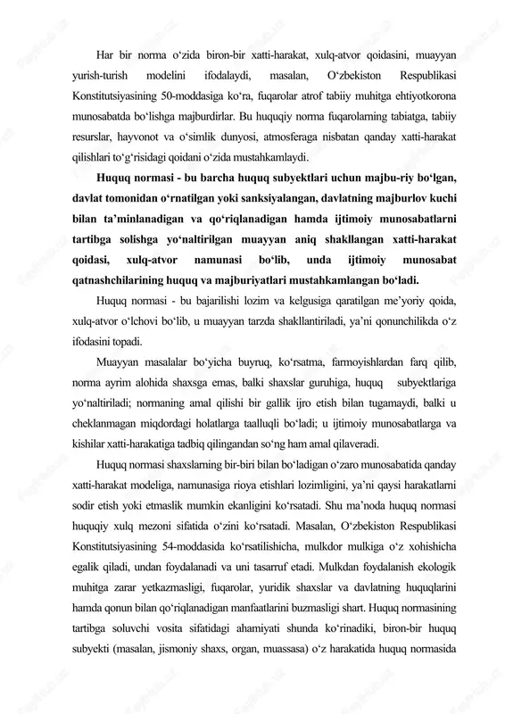 iston respublikasi konstitutsiyasining 54-moddasida ko‘rsatilishicha, mulkdor mulkiga o‘z xohishicha egalik qiladi, undan foydalanadi va uni tasarruf etadi. mulkdan foydalanish ekologik muhitga zarar yetkazmasligi, fuqarolar, yuridik shaxslar va davlatning huquqlarini hamda qonun bilan qo‘riqlanadigan manfaatlarini buzmasligi shart. huquq normasining tartibga soluvchi vosita sifatidagi ahamiyati shunda ko‘rinadiki, biron-bir huquq subyekti (masalan, jismoniy shaxs, organ, muassasa) o‘z harakatida huquq normasida mustahkamlangan qoidaga rioya etadi yoki boshqa huquq subyektidan huquq normasida belgilangan tegishli xatti-harakatni sodir etishni talab qiladi, shuningdek, belgilangan qoidaning bajarilmaganligi huquq buzuvchiga nisbatan ta’sir chorasining qo‘llanishiga olib keladi. huquq subyekti huquq normasida belgilangan xatti-harakat namunasiga rioya qilgan holatida huquq normasi xatti-harakat o‘lchovi, me’yori, doirasi, chegarasi sifatida namoyon bo‘ladi. va, aksincha, huquq normasida belgilangan qoida buzilganda esa, u huquq subyektining harakatiga baho berish vositasi sifatida o‘zini ko‘rsatadi. ma’lumki, huquqning tartibga soluvchilik roli katta tarbiyaviy ahamiyatga ega, chunki u bo‘lishi ehtimol tutilgan huquq buzilishi hollarining oldini olishga xizmat qiladi, sababi huquq subyekti tomonidan belgilangan …