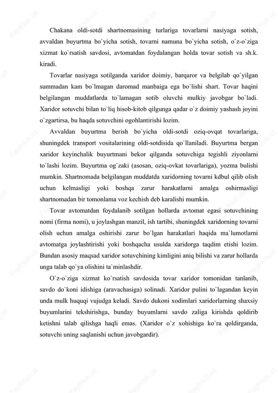 . (xaridor o`z xohishiga ko`ra qoldirganda, sotuvchi uning saqlanishi uchun javobgardir). kim oshdi savdosi, tovar birjalarida savdo-sotiq shartnomalari tovar mulkdori yoki mulkiy huquq egasi yoxud ixtisoslashgan tashkilot kim oshdi savdosining tashkilotchisi bo`lishi mumkin. kim oshdi savdosining tashkilotchisi sud qarorlarini ijro etish uchun (musodara qilingan, majburiy tartibda haq undirishga qaratilgan ashyolarga, garov ashyolari va h.k) ham kim oshdi savdosi tashkil etadi. kim oshdi savdosi bo`yicha ixtisoslashgan tashkilot tovar mulkdori (mulkiy huquq egasi bilan shartnoma tuzish asosida ish olib boradi, ular nomidan yoxud o`z nomidan harakat qiladi. kim oshdi savdosi auksion yoki tanlov shaklida o`tkaziladi. kim oshdi savdosining shakli, agarda qonunda boshqacha tartib belgilangan bo`lmasa, sotiladigan ashyoning mulk yoxud mulkiy huquq egasi tomonidan belgilanadi. xaridor sifatida faqat bir ishtirokchi qatnashgan auksion yoki tanlov o`tkazilmagan hisoblanadi. auksionlar va tanlovlar ochiq yoki yopiq bo`lishi mumkin. ochiq auksion yoki tanlovda hamma qatnashishi mumkin. yopiq auksion va yopiq tanlovda shu maqsad uchun maxsus taklif etilgan shaxslargina …
