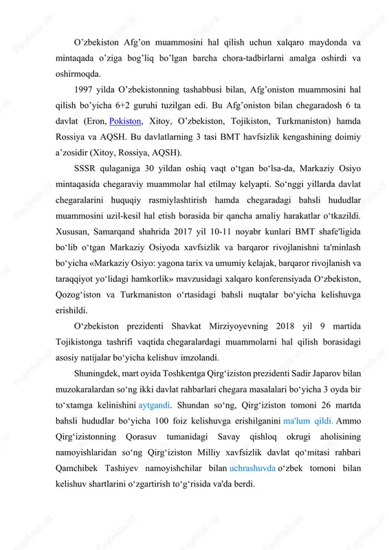 oyda bir to‘xtamga kelinishini aytgandi. shundan so‘ng, qirg‘iziston tomoni 26 martda bahsli hududlar bo‘yicha 100 foiz kelishuvga erishilganini ma'lum qildi. ammo qirg‘izistonning qorasuv tumanidagi savay qishloq okrugi aholisining namoyishlaridan so‘ng qirg‘iziston milliy xavfsizlik davlat qo‘mitasi rahbari qamchibek tashiyev namoyishchilar bilan uchrashuvda o‘zbek tomoni bilan kelishuv shartlarini o‘zgartirish to‘g‘risida va'da berdi. bundan tashqari, aprel oyi oxirida qirg‘iziston-tojikiston chegarasidagi vaziyat yana keskinlashdi va ikki tomondan jami 50ga yaqin odamlar nobud bo‘ldi. bir necha yildan beri mintaqa davlatlari chegaradagi nizoli masalalarni hal qilishga urinayotgan bo‘lsa-da, bu holat og‘riqli nuqtaligicha qolmoqda. so‘nggi qirg‘iz-tojik chegarasidagi keskinlikda nimaga e'tibor qaratish kerak? birinchidan, oxirgi keskinlikning dushanbeda kollektiv xavfsizlik shartnomasi tashkilotining mudofaa vazirlari kengashi yig‘ilishi bo‘lib o‘tgan kunga to‘g‘ri kelganiga qaramay, qurolli to‘qnashuvga aylanib ketgani va qirg‘iziston milliy xavfsizlik davlat qo‘mitasi rahbari qamchibek tashiyevning o‘zbekiston va tojikiston bilan chegaralar masalalari bo‘yicha oxirgi oylarda o‘tkazgan muzokaralari fonida sodir bo‘layotgani amaldagi qirg‘iz hukumatining chegaraviy muammolarini hal qilishda olib borayotgan siyosatiga …