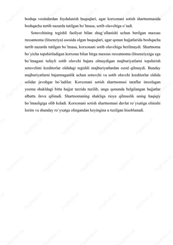 sotish shartnomasi taraflar imzolagan yozma shakldagi bitta hujjat tarzida tuzilib, unga qonunda belgilangan hujjatlar albatta ilova qilinadi. shartnomaning shakliga rioya qilmaslik uning haqiqiy bo`lmasligiga olib keladi. korxonani sotish shartnomasi davlat ro`yxatiga olinishi lozim va shunday ro`yxatga olingandan keyingina u tuzilgan hisoblanadi. 2. shartnomaviy munosabatlarni tartibga soluvchi qonun hujjatlari. o`zbekiston respublikasining qonunlari tadbirkorlik sohasidagi shartnomaviy munosabatlarni yetarlicha keng va har taraflama tartibga soladi. iqtisodiy muomalada shartnoma eng muhim omillardan biridir va shartnomaning huquqiy asoslari rivojlanib bormoqda. bu huquqiy asoslarning maqsadi shartnomaviy-huquqiy va iqtisodiy aloqalarning aniq va ratsional tashkil etilishiga ko`maklashish, hamkorlarning tengligini ta`minlovchi huquqiy muhit yaratish, har turdagi iqtisodiy tadbirkorlik munosabatlarini bozor iqtisodiyotidagi turli tuzilmalarning o`zaro samarali ishlashini ta`minlovchi yagona huquqiy tizimga birlashtirishni ta`minlashdan iborat. shu bilan birga hujjatlar jamiyatning manfaatlari hamda iste`molchilar va ishlab chiqaruvchilarning huquqlaridan kelib chiqqan holda, iqtisodiy muomala va tadbirkorlik sohasidagi qonuniylik mezonlarini belgilaydi. savdo va tadbirkorlik muomalasidagi tovar-pul munosabatlarini tartibga soluvchi umumiy xususiyatdagi hujjat - bu …