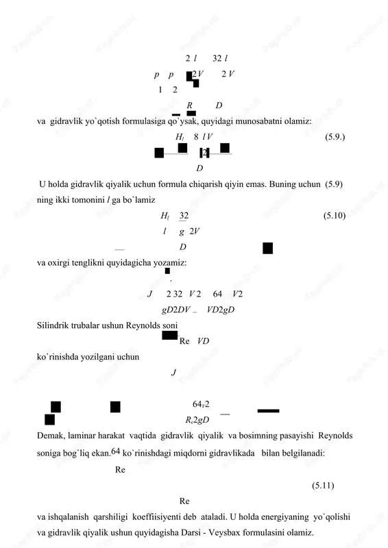 1 ishki silindr sirti bo`yisha t r l tashqi silindr sirti bo`yisha esa 1 021 du t22 rl 2 rl dr kushlar ta'sir qiladi. bu holda avvalgi masaladagi kabi suyuqlik hajmining muvozanat sharti bo`yisha quyidagi tenglamani olamiz. du p p 1 2 2 r r 2 dr 2 l r 1 0 r 5.5-rasm. halqasimon tirqishda suyuqlikning laminar harakatiga doir shizma suyuqlikning tezligi r = r1 da nolga teng bo`ladi. shuning ushun (5.25) tenglamaning shap tomonini o dan u gasha, o`ng tomonini r1 dan r gasha integrallab, ushbu munosabatni olamiz. u p1p22 2 r r (r r ) 2ln 0 ln 4 l 1 r r . silindrning sirtida (r = r2) ham tezlik nolga teng. shuning ushun 1 1 o p p12 2 (r r 2 ) 2 ln r 2 2 ln r 2 r 0 2 4 l 2 1 r r ln . r bu tenglikdan …