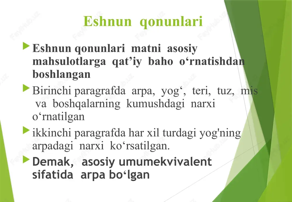 gan va imeniyolarda bir millatga tegishli qullarni ko‘p saqlamaslik kerak deb tavsiya etgan (chunki birlashib harakat qilishlari oson). sitseron mark tulliy (m.a. 106-43 yy.) taniqli davlat arbobi va mashhur notiq bo‘lgan. u yashagan davrda davlat ancha markazlashgan bo‘lib, savdo-sotiq ancha o‘sdi, sudxo‘rlik boyish manbaiga aylandi. u qishloq xo‘jaligini qo‘llagan holda, yirik savdo va sudxo‘rlikni boyish manbai deb hisobladi. demak, sitseron boshqalardan farqli ravishda quldorlar bilan birga savdogar va sudxo‘rlarning manfaatini ham himoya qildi. “buyuk ipak yo‘lining” markaziy osiyoda iqtisodiy munosabatlar rivojlanishidagi o‘rni xitoyning tinch okeani bilan hindiston, markaziy osiyo, yaqin sharq, evropa davlatlarini bog‘lovchi qadimgi savdo yo‘li - buyuk ipak yo‘lidir. bu yo‘l orqali asosan ipak eksport qilinganligi sababli «ipak yo‘li» nomi bilan shuhrat qozongan. bu yo‘l m.a. ii asrdan to milodiy xv asrgacha, suv yo‘llari rivojlanguncha xitoy, hindiston, markaziy osiyo, eron, yaqin sharq hamda o‘rta er dengizi mamlakatlari o‘rtasidagi savdo-sotiq va madaniy aloqalarning rivojida muhim rol o‘ynagan. 2.markaziy osiyo …