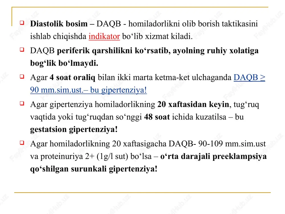 2025 34 once the woman is stabilized, prepare her for delivery. delivery should be accomplished regardless of the fetal gestational age, in order to protect the mother’s health. headaches, elevated blood pressure and convulsions 35 xulosa homiladorlik davrida a/b koʻtarilishi koʻp kuzatilishi mumkin qaysi ayollar ogʻir preelampsiya yoki eklampsiya rivojlanish guruhiga kirishini oldindan aytib boʻlmaydi tashxis qoʻyish uchun sinchiklab kuzatish lozim tashxis qoʻyib, toʻgʻri davolanganda kasallik va oʻlim ko`rsatkichi pasayadi talvasaga qarshi vositalar, birinchi navbatda magniy sulfatini qoʻllash lozim antigipertenziv vositalarni faqat ehtiyoj boʻlganda qoʻllash kerak vositalarning nojoʻya taʼsirini sinchiklab kuzatish va monitoring oʻtkazish shart 10/22/2025 35 e`tiboringiz uchun rahmat! image1.jpeg image2.jpeg image3.jpeg image4.jpeg image5.jpeg image6.jpeg image7.jpeg image8.jpeg image9.jpeg image10.jpeg image11.jpeg image12.jpeg image13.jpeg image14.jpeg image15.jpeg image16.jpeg image17.png image18.jpeg image19.jpeg image20.jpeg image21.jpeg image22.jpeg image23.jpeg /docprops/thumbnail.jpeg