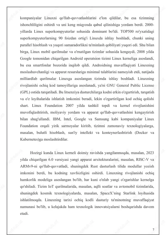 ta'minlaydi, ya'ni bir vaqtning o‘zida bir nechta dastur yoki jarayonni parallel ravishda ishga tushirish imkonini beradi. har bir jarayon o‘ziga xos identifikator (pid) bilan belgilanadi, va kernelning scheduler deb ataluvchi mexanizmi protsessor vaqtini jarayonlar o‘rtasida teng taqsimlaydi. linuxning completely fair scheduler (cfs) algoritmi zamonaviy yondashuv bo‘lib, jarayonlarga adolatli resurs taqsimotini ta'minlaydi va real vaqt rejimida ishlaydigan tizimlar uchun maxsus optimallashtirilgan. masalan, real vaqt rejimi (real-time scheduling) audio-videoni qayta ishlash yoki sanoat tizimlarida muhimdir. kernel jarayonlar o‘rtasida resurslarni boshqarishda threadlardan ham foydalanadi, bu esa ko‘p yadroli protsessorlarda parallel ishlashni yanada samarali qiladi. xotira menejeri linux kernelining eng murakkab va muhim qismlaridan biridir. u operativ xotirani (ram) samarali boshqaradi va virtual xotira tushunchasini qo‘llaydi, bu har bir jarayonga mustaqil manzil maydonini taqdim etadi. virtual xotira jarayonlar o‘rtasidagi izolyatsiyani ta'minlaydi, bu esa xavfsizlikni oshiradi va bir jarayonning boshqasining ma'lumotlariga aralashishini oldini oladi. paging texnikasi xotirani kichik sahifalarga bo‘ladi (odatda 4kb), bu esa ram …