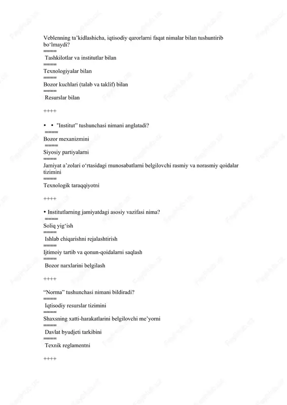 ta’sirlarni ==== soliq siyosatini ==== shlab chiqarish xarajatlarini ++++ koalitsiyali o‘yinlar deganda nima tushuniladi? ==== ishtirokchilar ittifoq tuzib hamkorlik qiladigan o‘yin ==== faqat raqobatli o‘yin ==== barcha yutuvchi bo‘lgan o‘yin ==== foydasiz o‘yin ++++ o‘yinni tahlil qilish formulasi qaysi shaklda beriladi? ==== g = f(n, st, p) ==== g = p – st ==== n = f(g, p) ==== p = f(st, n) ++++ ustun strategiyali muvozanat nimani bildiradi? ==== boshqa ishtirokchining harakatlaridan qat’i nazar eng yuqori foydali strategiya ==== faqat pareto samarador strategiya ==== nash muvozanati ==== yagona yutuvchi holati ++++ pareto bo‘yicha muvozanat shartini toping. ==== bir o‘yinchi holatini yaxshilasa, boshqasiniki yomonlashmasligi kerak ==== foyda maksimal bo‘lishi ==== yutqazuvchilar soni kamayishi ==== strategiyalar teng taqsimlanishi ++++ shtakelberg muvozanatining xususiyati — ==== o‘yinchilar bir vaqtning o‘zida qaror qabul qiladi ==== birinchi o‘yinchi qaror qabul qiladi, so‘ngra ikkinchisi ==== har biri raqibini bilmaydi ==== o‘yin natijasi nol bo‘ladi ++++ nash, …