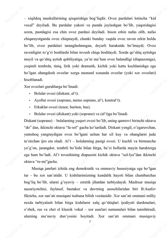 havaskor xonandalarning ijrochilik mahoratlarini chuqurlashtirishga, repertuarning boyishiga, umuman, xorning madaniy saviyasini oshirishga yordam beradi. o’z navbatida, havaskorlik xorlari professional kollektivlarga xushovoz iqtidorli yoshlarni yetishtirib beradi. san’at bayramlarida, ijodiy kechalarda professional xorlar bilan havaskorlik xorlarining qo’shilib ishtirok etishi bugungi kunda an’anaga aylanib qolgan. mana shunday ijodiy hamkorlik professional va havaskorlik kollektivlarini bir – birlariga yaqinlashtiradi. hozirgi kunda ko’pgina havaskorlik xorlari o’z ijro mahoratlari, repertuari bilan professional kollektivlarga yaqin turadi. shunday qilib, xor san’ati keng tarqalgan va ko’p turlarga ega bo’lgan janr.ta’kidlaganimizdek, musiqiy tarbiya xisoblanadi, xor san’ati esa musiqa madaniyatining tarkibiy va eng xalqchil qismini tashkil qiladi. shuning uchun ham, xor san’atini rivojlantirishga katta e’tibor berilmoqda. xor madaniyatining rivojlanishi. [footnoteref:2] [2: . b.shaxnazarova. xonandalik uslubiyoti. toshkent. 2017. ] xor san’ati uzoq tarixga egadir. qadim zamonlardan beri xalqlar orzu – umidlari, xis - tuyg’ularini qo’shiq aytish, pantomima (badan harakati) qilish kabi vositalar bilan ifodalab kelganlar. ko’pchilik bo’lib qo’shiq aytish deyarli hamma xalqlarning mexnat …