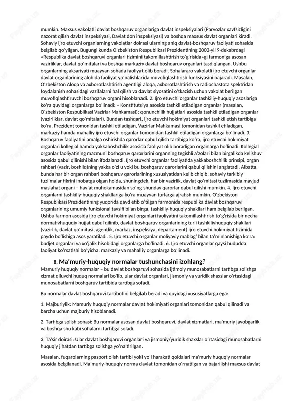 ta’minlash, ta'lim, sog‘liqni saqlash va infratuzilmani rivojlantirish. 3. mahalliy dasturlarni amalga oshirish: davlat dasturlarini joylarda ijro etish va mahalliy ahamiyatga ega bo‘lgan masalalarni hal qilish. 4. hududni boshqarish va rivojlantirish: yo‘llar, suv, elektr va boshqa infratuzilmalarni boshqarish. 5. tabiatni muhofaza qilish: hududiy ekologik masalalarni hal qilish va tabiatni himoya qilish. 6. fuqarolar bilan muloqot: mahalliy aholining murojaatlari va ehtiyojlarini hal qilish. 7. jamoat tartibini saqlash: ichki tartibni ta’minlash va mahalliy huquqbuzarliklarga qarshi kurash.- yuqori va mahalliy hokimiyat organlari o‘rtasidagi bog‘liqlik: yuqori markaziy organlar qonunchilik va strategik qarorlar qabul qiladi, mahalliy hokimiyat organlari esa ushbu qarorlarni amalga oshiradi. mahalliy hokimiyat organlari yuqori organlarning nazorati ostida faoliyat olib boradi, biroq o‘z hududida mustaqil qarorlar qabul qilish huquqiga ega. misol: yuqori organlar (masalan, prezident, oliy majlis) mamlakat miqyosida soliq siyosatini belgilaydi, mahalliy hokimiyat organlari (masalan, hokimliklar) esa soliq yig‘imlarini amalga oshiradi va hududiy rivojlanishga mablag‘larni yo‘naltiradi. shu tarzda yuqori markaziy va mahalliy organlarning …