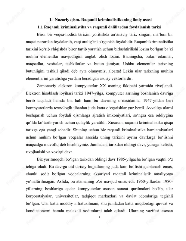 zimlarga ham kirayotganini tushunib yetdi. va nihoyat o‘sha davr tizimlarida ishlayotgan vositalar va tajribalar yordamida u o‘z tashabbusi bilan xakerlarning zararli harakatlarini real vaqtda qayd etish usulini ishlab chiqdi. boshlang‘ich kompyuter savodxonligi bilan mutaxassis tayyorlash va bu sohada mustaqil tadqiqot va tergov olib boruvchilarning shakllanishi ushbu davrni belgilovchi xususiyatlar hisoblanadi. bu davrda raqamli kriminalistika uchun ishlab chiqilgan maxsus tashkilotlar, tuzilmalar, protseduralar, treninglar yoki vositalar detyarli mavjud bo‘lmagan. operatsion tizim vositalari va yordamchi dasturlardan an’anaviy ilmiy yoki tergov muammolarini hal qilish uchun ishlatilgan. 1.1.rasm. raqamli kriminalistika. 1.2 raqamli kriminalistikaning yuzaga kelishi (1985–1995) 1980-yillarning boshlarida ibm shaxsiy kompyuterlarining paydo bo‘lishi insoniyat jamiyatida katta bir portlashga sabab bo‘ldi. shaxsiy kompyuterlar qudratli bo‘lishiga qaramay, nisbatan juda kam dasturlarga ega bo‘lib, foydalanish uchun qulay bo‘lmagan. ammo havaskorlar uchun bu juda katta imkoniyat edi. bunga qiziquvchilarning aksariyati ilgari commodore 64, radio shack trs-80 yoki ataris bilan ishlagan foydalanuvchilar bo‘lishgan. ushbu dastlabki komyuterlar havaskorlarga dastur kodlarini yozish …
