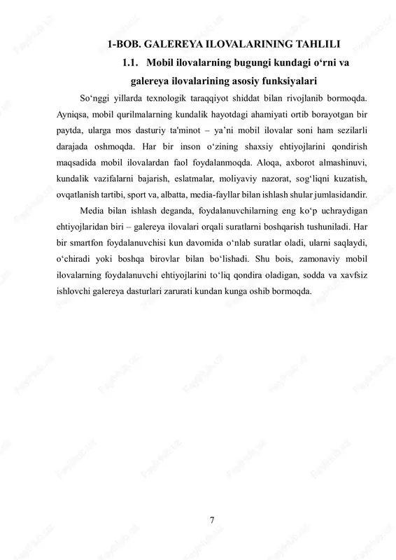 h (delete). ilovaning navbatdagi asosiy funksiyasi — kerakmas fayllarni tez va xavfsiz tarzda o‘chirish. foydalanuvchi tanlagan rasm yoki videoni:  birdaniga bir nechta faylni tanlab o‘chirish;  vaqtinchalik “recently deleted” papkasida saqlash;  to‘liq doimiy o‘chirishni amalga oshirish imkoniyatiga ega bo‘lishi lozim. bu imkoniyat qurilma xotirasini tozalash va media fayllarni tartibga solishda yordam beradi. baham ko‘rish (sharing). zamonaviy galereya ilovalari ijtimoiy tarmoqlar, messenjerlar, bluetooth, elektron pochta yoki boshqa ilovalar orqali media fayllarni ulashish imkonini berishi zarur. misollar:  suratni bevosita instagram yoki telegram’ga yuborish;  bluetooth orqali yaqin atrofdagi qurilmaga uzatish;  qr kod orqali almashish (ba’zi ilovalarda mavjud). ulashish funksiyasi intuitiv va tezkor bo‘lishi, foydalanuvchini ortiqcha bosqichlar bilan charchatmasligi kerak. 11 maxfiylik va xavfsizlik. shaxsiy rasm va videolarni himoya qilish har bir foydalanuvchi uchun muhim. shu bois zamonaviy galereya ilovalari quyidagi maxfiylik funksiyalariga ega bo‘lishi kerak:  maxfiy albomlar – parol yoki biometrik autentifikatsiya orqali himoyalangan papkalar;  yashirin …