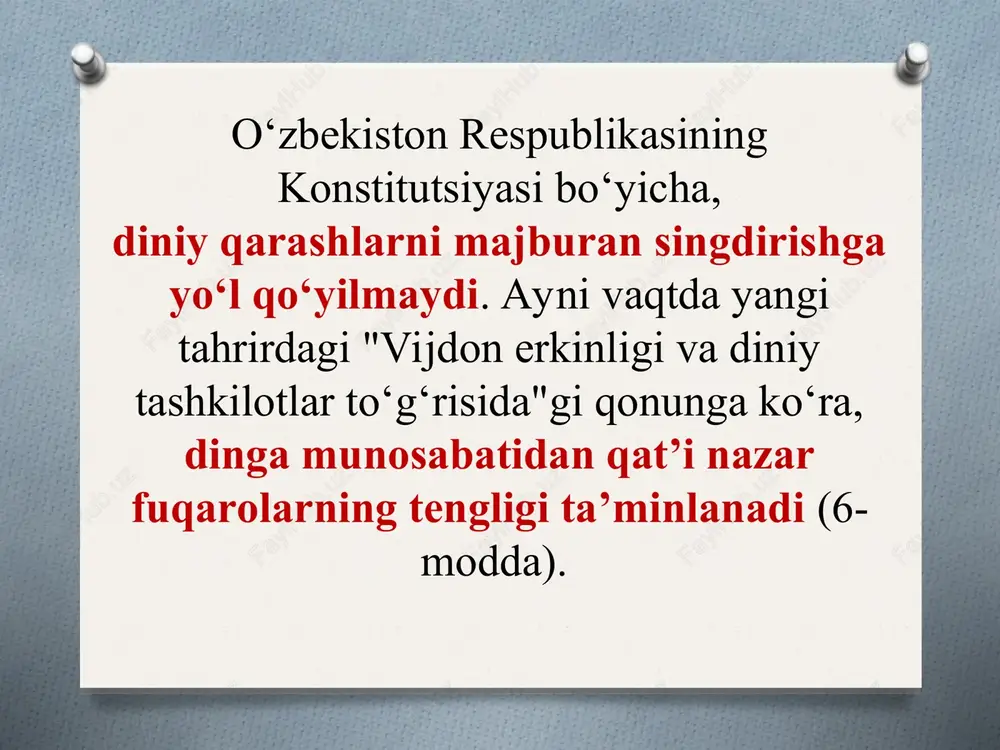 ovda namoyon bo'lib turadi. pyatidesyatniklikda isoning ikkinchi marta qaytishi, oxirzamon va mingyillik hukmronligi o'rnatilishining yaqinligi targ'ib qilinadi, shuningdek, xudoning “o'ldirma” degan buyrug'iga amal qilishlari sababli urush va harbiy xizmatni qat'iyan rad etadilar. ettinchi kun xristian-adventistlar cherkovi. 2015 yilning 1 martiga 9 tashkilot ro'yxatga olingan. evangel-lyuteranlar cherkovi. 2015 yilning 1 martiga qadar 2 ta diniy tashkilot ro'yxatga olingan. lyuteranlik - xvi asrda evropada reformatsiya harakati natijasida vujudga kelgan protestantlikning yirik oqimlaridan biri. bu ta'limotga ilohiyot olimi, rohib martin lyuter (1483-1546) asos solgan. 1516 yil indulgentsiya (gunohlardan forig' qiluvchi yorliq)lar savdosining navbatdagi faollashuvi munosabati bilan, m.lyuter bunga qarshi chiqadi. lyuterning rim bilan kurashishdan ko'zlagan asosiy maqsadi - xristianlikning dastlabki holatini tiklash edi. novoapostol cherkovi. 2015 yilning 1 martiga qadar 3 ta diniy tashkilot ro'yxatga olingan. protestantlikdagi oqimlardan biri - novoapostol cherkovi dunyoning 180 ta davlatida 50 ga yaqin jamoa, 9 millionga yaqin a'zolariga ega. uning markazi tsyurix (shveytsariya)da joylashgan, uni birinchi apostol …