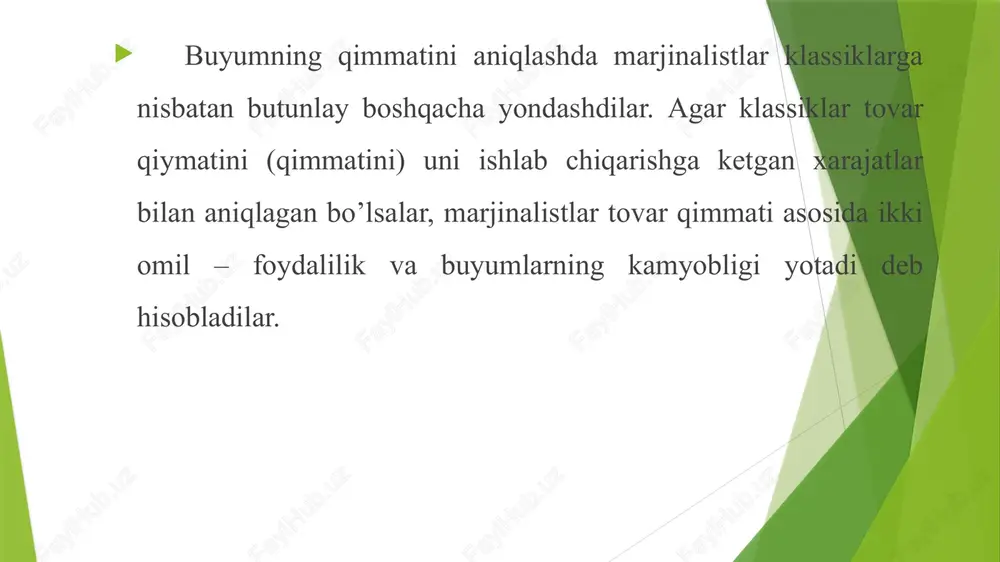 giga teng) xaridor bo’lsa, unda narx 100 dan 300 gacha bo’lgan chegarada tebranib turadi. lekin bozor ishtirokchilari qancha ko’p bo’lsa, bozor qiymati chegarasi imkoniyatlari shuncha kam bo’ladi (edjuort teoremasiga muvofiq). marjinalistlar, davlatning iqtisodiyotga aralashmaslik qoidasi bosh mezon hisoblangan iqtisodiy fanda yangi klassik yo’nalishning boshlanishiga asos soldilar. yangi klassiklarning tasdiqlashicha, bozor mexanizmi xo’jalik jarayonlarini o’zi tartiblashga, ishlab chiqarish va iste’mol o’rtasida muvozanat o’rna-tishga qodir, erkin bozorning o’zaro ta’siri asosida shakl-lanadigan munosabatlarga davlatning aralashuvi esa, muvozanat-ning buzilishiga, iqtisodiy samaradorlikning pasayishiga olib kelishi mumkin. shuning uchun yangi klassik yo’nalish vakillari xususiy tadbirkorlik va bozor imkoniyatlaridan to’la foydalanish uchun kurashdilar. a.smit an’analarini davom ettirgan holda, yangi klassiklar universal iqtisodiy qonuniyatlarni keltirib chiqarishga harakat qildilar. ular marjinalizm metodologiyasiga suyangan holda, iqtisodiy fanning asosiy bo’limlarini o’z ichiga oluvchi bir butun nazariy tizim yaratdilar. xususan, firma daromadlarni taqsimlash, bozor muvozanati nazariyalari ancha takomillashtirildi, iste’mol tanlovi, umumiy (barcha bozorlar uchun) muvozanat nazariyalari yaratildi. o’sha davrdagi yangi klassiklarning ilmiy …