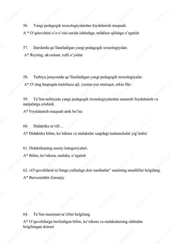 akkur ==== ++++ faoliyat bu- ==== #ehtiyojlarini qondirishga qaratilgan faollikdir ==== ++++ malaka bu: #uzoq vaqt davomida takrorlash natijasida paydo bo'ladigan kishining anglangan ish harakatlarining avtomatlashgan usullari ==== ++++ nutq bu- ==== #kishilarning muloqotida xizmat qiladigan va nimalarnidir ifodalaydigan so’zlar tizimidir ==== ++++ diqqatni taqsimlay olish qobiliyati nima...? ==== #bir vaqtning o‘zida diqqatini bir necha faoliyatga qarata olish qobiliyati ==== ++++ shaxslararo munosabatlar bu- ==== #odamlar o’rtasidagi faolyatda va guruhlardagi muloqotda yuzaga keladigan munosabat ==== ++++ nazariy va amaliy muammolarni echish orqali yangi bilimlarni o‘zlashtirish jarayoni bu... ==== #muammoli ta’lim ==== ++++ gallyutsinatsiya deb nimaga aytiladi? ==== #narsalarni noto’g’ri idrok qilish ==== ++++ shaxsning xarakterli hususiyati ==== #uning individualligi ==== ++++ quydagilardan qaysi biri rasmiy muloqotga kiradi: ==== #bitimlar tuzish ==== ++++ inson muhit oldida qanday mavjudot? ==== # faol ==== ++++ muloqot vositasi nima? ==== #til ==== ++++ nutqning turlarini ko’rsating? ==== #og’zaki va yozma, aktiv va passiv, verbal …