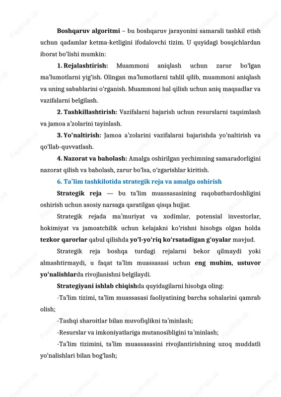 bul qilindi. shuningdek, oʻzbekiston respublikasining taʼlim toʻgʻrisida qonuni (23.09.2020-yildagi oʻrq-637-son), vazirlar mahkamasining “taʼlim darajasi yuqori boʻlmagan maktablarga malakali oʻqituvchi-pedagoglarni jalb qilish chora-tadbirlari toʻgʻrisida”gi vmq 646-son qarori (15.10.2021-yil), oʻzbekiston respublikasi prezidentining “maktabgacha va maktab taʼlimini rivojlantirishga oid qoʻshimcha chora-tadbirlar toʻgʻrisida”gi pq-241-son qarori (11.05.2022-yil), “maktabgacha va maktab taʼlimi vazirligi hamda uning tizimidagi tashkilotlar faoliyatini samarali tashkil etish chora-tadbirlari toʻgʻrisida”gi pf-79-son farmoni (26.05.2023-yil), oʻzbekiston respublikasining “pedagogning maqomi toʻgʻrisida qonuni” (01.02.2024-yil) qabul qilindi. ushbu islohotlar oʻzbekiston taʼlim tizimini global talablar bilan moslashtirish, taʼlim sifatini oshirish va yosh avlodni zamonaviy bilimlar bilan taʼminlash maqsadida amalga oshirilmoqda. mavzuni mustahkamlash uchun savollar: 1. “menejment” atamasining asosiy tushunchalarini aytib bering. 2. pedagogik tizimni boshqarishning asosiy prinsiplariga nimalar kiradi? 3. boshqaruv nima? 4. taʼlim menejmentining oʻziga xos xususiyatlarini sanab bering. 5. boshqaruvga rahbarlik yondashuvlari va boshqaruv tamoyillari nimalardan iborat? 6. taʼlim menejmentining funksiyalari nimalardan iborat? 7. strategik boshqaruv qanday boshqaruv? 8. kundalik faoliyatni nazorat qilish, kunlik vazifalarni bajarish, resurslarni …