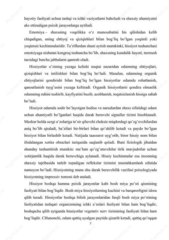 ortish yuzaga keladi. faoliyatning keskin damlarida, qaror qabul qilishning mas’uliyatli daqiqalarida qiyinchiliklarni bartaraf etishda biz zo’riqishni his etamiz. u yaqqol ko’zga tashlanadigan faol xususiyatga ega bo’lib, faoliyat ob’ektiga e’tiborning kuchayishi, aqliy va jismoniy kuch to’plash, harakatga chanqoqlik, bizni o’rab oladigan alohida hayajon bilan birgalikda kechadi. emotsional jarayonlarning boshqa xildagi ifodalanishi qo’zg’alish va tinchlanish hisoblanadi. qo’zg’algan emotsional holat, odatda, faol xususiyatga ega bo’lib, faoliyat yoki unga tayyorgarlik ko’rish bilan bog’liq. tinchlanish faoliyatning pasayishi bilan bog’liq bo’lsada, undan maqsadga muvofiq ravishda foydalanishning asosi bo’lib xizmat qiladi. harakat faolligiga ta’sir ko‘rsatishga qarab, emotsiyalar stenik va astenik turlarga bo’linadi. stenik emotsiyalar va sezgilar faol harakatga undaydi, inson kuchlarini to’playdi. xuddi shunday, quvonch va ilhomlanish hislari insonni energiyaviy faoliyatga rag’batlantiradi. astenik emotsiyalar insonni bo’shashtiradi, faolligini pasaytiradi, faoliyatni to‘xtatadi. kayfiyat – u yoki bu emotsiyalarning barqaror kechinmasi. uzoq davom etuvchi, xulq-atvorni bezovchi emotsional holat. uni individning shaxsiy tomonlarini, asosiy hayotiy hissiyotlarini, ishiga nisbatan muvaffaqiyat yoki muvaffaqiyatsizlik, …