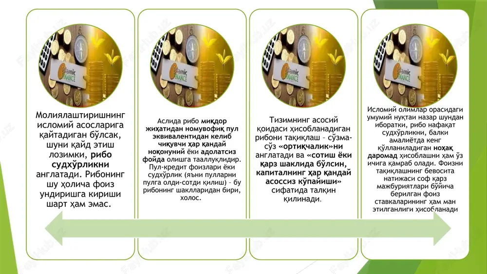 ajada cheklab qo'yishi mumkin, lekin muzorib faoliyatini bunday cheklash o'ta yuqori darajada bo'lmasligi lozim. muzoraba shartnomalari bank va tadbirkor o'rtasida, shuningdek, omonatchi va bank o'rtasida ham tuzilishi mumkin. dastlabki holatda tadbirkor muzorib sifatida qatnashsa, keyingi holatda bu vazifani bank bajaradi. bank va tadbirkor o'rtasida muzoraba bitimini amalga oshirish chizmasi 1.bank va mijoz ishonchli sherikchilik to'g'risida (mijoz tomonidan loyihani amalga oshirish uchun) bitim tuzadilar, bank mijozni moliyalashtirishni amalga oshiradi. 2. mijoz loyiha boshqaruvini amalga oshiradi. 3. loyihani amalga oshirish doirasida faoliyat natijasi (foyda yoki zarar) yuzaga keladi. 4.olingan foyda taqsimlanuvchi pul jamg'armalarini shakllantiradi, zarar esa loyiha aktivlari qiymatini pasaytiradi. 5. loyihani amalga oshirishdan kelgan foyda munosib ulushlarda bank va mijoz o'rtasida taqsimlanadi. 6. loyihaning amalga oshishidan kelgan zarar bank hisobiga taalluqli bo'ladi. muzoraba odatda qisqa va o'rta muddatli investitsion loyihalarni moliyalashtirish uchun qo'llanadi. muzoraba shartnomalari an'anaviy moliyaviy tizimdagi ishonch asosida moliyalashtirish bilan o'xshash hisoblanadi. shuni qayd etish lozimki, bank berilgan mablag'lar …