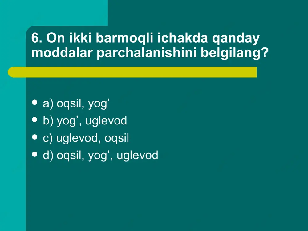 ida beri-beri deb ataluvchi kasallik paydo bo’ladi? a) vitamin a b) vitamin b 1 c) vitamin b 2 d) vitamin c 70. issiqlik uzatilishida ishtirok etadigan organlar guruhini toping. a) jigar, muskullar, qon tomirlari b) qon tomirlari, jigar, teri c) teri, o’pka, muskullar d) qon tomirlari, teri o’pka 71. ”vitamin “ so’zini qaysi olim nechanchi yilda fanga kiritdi? a) n.i. lunin 1881-yil b) k. funk 1912-yil c) i.p. pavlov 1916-yil d) i.i.mechyankov 1912-yil 72. qaysi modda hujayradagi gaz almashinuvida ishtirok etadi? a) temir b) kobalt c) natriy d) mis 73. a vitamini qaysi organlarning funksiyanal holatini normal holatda saqlashda muxim ro’l o’ynaydi? 1.terining ustki qavati 2.nerv sistemasida qo’zg’alishning normal o’tishi 3.nafas yo’llari 4.markaziy nerv sistemasida tormozlanish jarayoning normal o’tishida 5.ovqat hazm qilish organining shilliq qavati 6.odamni aqliy faolyatining yaxshi bo’lishida a) 1,2,3 b) 1,4,6 c) 1,3,5 d) 2,4,5 74. b vitamin yetishmasa, organizmda qanday o’zgarishlar kuzatiladi? a) terida sezuvchanlik kuchayadi …