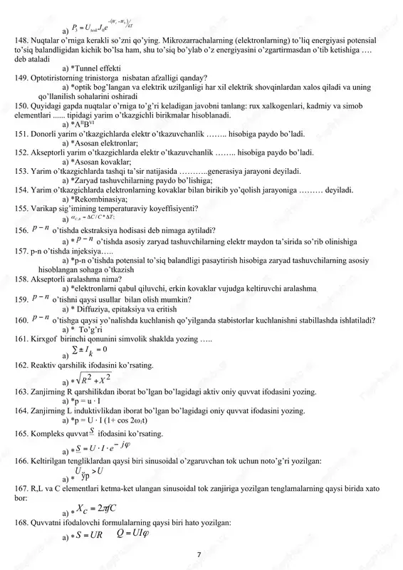 a) * p-n kontakt sohasida o’z elektroni va kovagini yo’qotgan turg’un ionlar joylashgan soha 121. p- turdagi o’tkazuvchanlikka ega bo’lgan soha hosil qilish uchun kremniyga qanday aralashmalar kiritish mumkin? a) *in, ga, al; 122. diffuziya yo’li bilan p-n o’tish olishda diffuziyaviy qatlam chuqurligining qiymati qaysi kattaliklar bilan aniqlanadi? a) *aralashma konsentrasiyasi, diffuziya koeffisiyenti, diffuziya vaqti va harorati; 123. integrasiya darajasi lgn=5 bo’lgan ims larda elementlar soni qancha? a) * 100000; 124. quyidagi ifodalardan qaysi biri p-n o’tishning to’siq sig’imini ifodalaydi? a) * (a- p-n o’tishning yuzasi, w – uning kengligi; 125. shottki diodi …………dan iborat. (nuqtalar o’rniga mos keluvchi javobni qo’ying.. a) *metall – yarim o’tkazgich 126. shottki diodning asosiy afzalliklari quyidagilardan iborat: a) *ochilish kuchlanishi past, tezkor 127. integrasiya darajasi qanday oraliqda bo’lgan ims lar katta ims lar deyiladi? a) * 5≥ lgn>2 128. eng ko’p ishlatiladigan yarim o’tkazgichli materyallarlarga nimalar kiradi. a) *kremniy va germaniy 129. yarim o’tkazgichli …