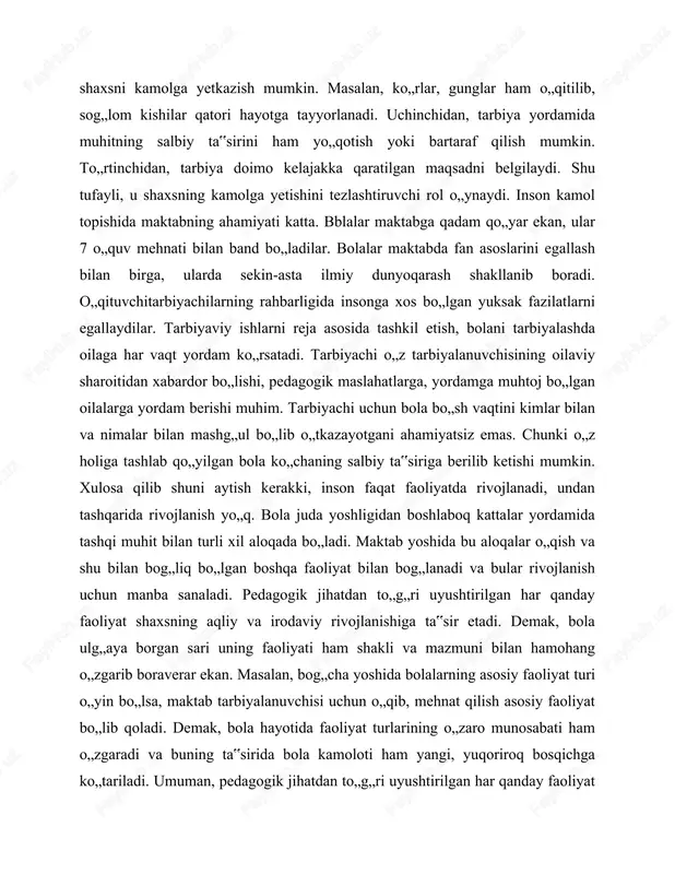 qishloq oilalarida ma‟lum darajada (bolalar tarbiyasi yuzasidan jamoatchilik yordami mavjudligiga qaramasdan tarbiyaviy kuchlarning bir butunligiga erishilmagan, o„zaro hamkorlikni qanday tashkil etish mumkinligi haqida ma‟lumot yetarli emas. o„qituvchilar ham sinf ota-onalar majlisining o„tkazilishi maktab va oila hamkorligini ta‟minlaydi, deb o„ylashadi. to„g„ri, ota-onalar majlisi ham hamkorlikni ta‟minlashning eng muhim omillaridan hisoblanadi, lekin oila, maktab, jamoatchilik hamkorligi uchun, ularni birlashtirish uchun maxsus tashkil etilgan markaz bo„lishi lozim. ota-ona bola tarbiyasida bir yoqadan bosh chiqarishi zarur, agar ota boshqacha, ona boshqacha talab qo„ysa, bolada ikkiyuzlamalik alomatlarini ko„ramiz. bunday paytda ota-ona darhol o„z xatosini to„g„rilashi, boladagi nojo„ya qiliqlarni yo„qotishga harakat qilishi lozim. ota-ona shunday ish tutib, o„zlari berayotgan tarbiyaning bolaga qanday ta‟sir ko„rsatayotganini kuzatib borishi, bolada nojo„ya qiliqlar sezilsa, tarbiyaning boshqa samaraliroq usullarini qo„llashi zarur. bolaga mehribonlik qilib, haddan tashqari erkalash uning kalondimog„, xudbin qilib qo„yishi, yoki pismiq, jur‟atsiz, tashabbussiz bo„lib qolishiga olib kelishi mumkin. ma‟lumki, pedagogikada tan jazosi berish taqiqlangan. shuningdek, oila tarbiyasida ham …