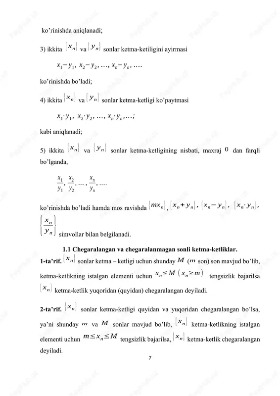 langan ketma-ketlik yaqinlashuvchi bo’lmasligi mumkin. masalan, ketma-ketlik, chegaralangan, lekin limitga ega emas. 3. va soli ketma-ketliklar yaqinlashuvchi bo’lib, mos ravishda va limitlarga ega bo’lsa, ularning algebraik yig’indisi ham yaqinlashuvchi bo’lib, limitga ega bo’ladi. 4. va soli ketma-ketliklar yaqinlashuvchi bo’lib, mos ravishda va limitlarga ega bo’lsa, ularning ko’paytmasi ham yaqinlashuvchi bo’lib, limiti ga teng bo’ladi. 5. va soli ketma-ketliklar yaqinlashuvchi bo’lib, mos ravishda va limitlarga ega bo’lsa, ularning nisbati ham maxrajning limiti noldan farqli bo’lganda, yaqinlashuvchi bo’lib, uning limiti ga teng bo’ladi. bu xossalarni, ketma-ketlikning limiti va cheksiz kichik ketma-ketliklarning xossalaridan foydalanib isbotlash mumkin. masalan, 4-xossani isbotlaylik. ketma-ketliklar yaqilashuvchi bo’lganligi uchun ko’rinishda ifodalanadi, bunda lar cheksiz kichik ketma-ketliklar. bu holda bo’ladi. ifoda cheksiz kichik ketma-ketlikning xossalariga asosan cheksiz kichik ketma-ketlikdir. demak ham cheksiz kichikdir, ya’ni bo’ladi. 1-misol. ushbu limitni hisoblang. yechish. surat ham maxraj ham cheksiz katta bo’lib, nisbatning limiti haqidagi xossani qullash mumkin emas, chunki bu xossada surat va maxrajning …