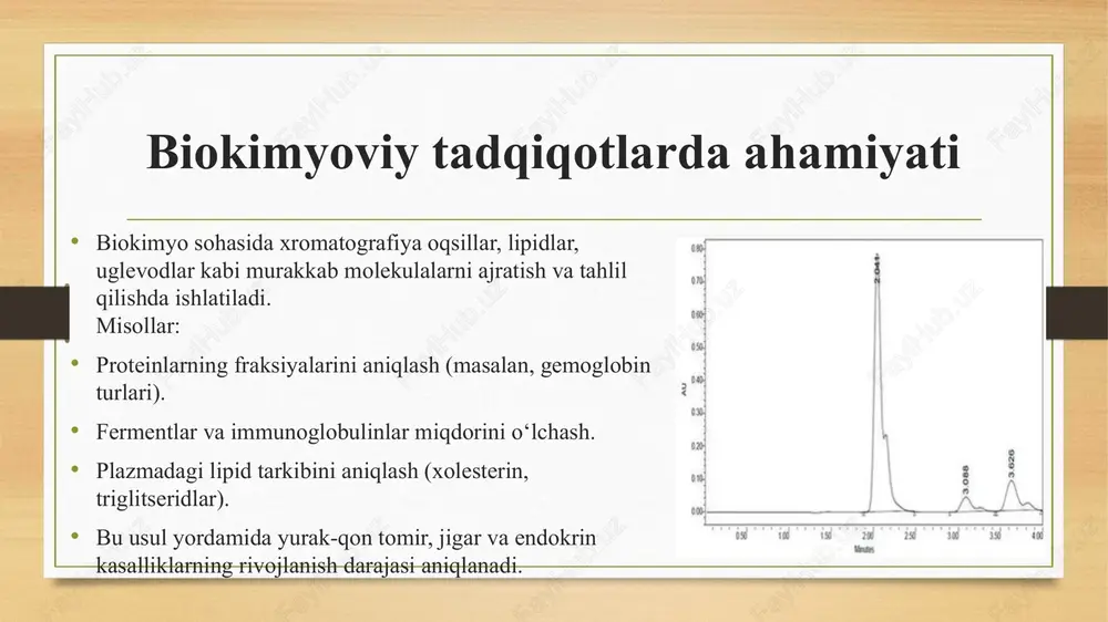 ponentli aralashmalarni bir vaqtning o‘zida aniqlash; natijalarni tez olish imkoniyati. shu sababli, hozirgi kunda klinik laboratoriyalar hplc, gc, tlc kabi xromatografik tizimlar bilan jihozlanmoqda. xulosa yuqori samarali xromatografiya zamonaviy analitik kimyoda muhim oʻrin tutadi. uning yuqori sezuvchanligi, koʻp qirraliligi va avtomatlashtirish imkoniyatlari turli sohalarda keng qoʻllanilishini taʼminlaydi. shu bilan birga, qurilmalarning murakkabligi va xarajatlari ushbu texnologiyani rivojlantirishda muhim omil hisoblanadi. kelajakda hplc tizimlari yanada samarali va ekologik jihatdan qulay boʻlishi kutilmoqda. foydalanilgan adabiyotlar 1. a.a. kiselyov, “osnovi xromatografii”, moskva, 2021. 2. sh.x. xamdamov, “analitik kimyo va xromatografiya asoslari”, toshkent, 2019. 3. internet maʼlumotlari image7.jpeg image8.jpeg image9.jpeg image10.jpeg image11.jpeg image12.jpeg image13.jpeg image14.jpeg image15.jpeg image16.jpeg image17.jpeg image18.jpeg image19.jpeg image3.png image4.png /docprops/thumbnail.jpeg