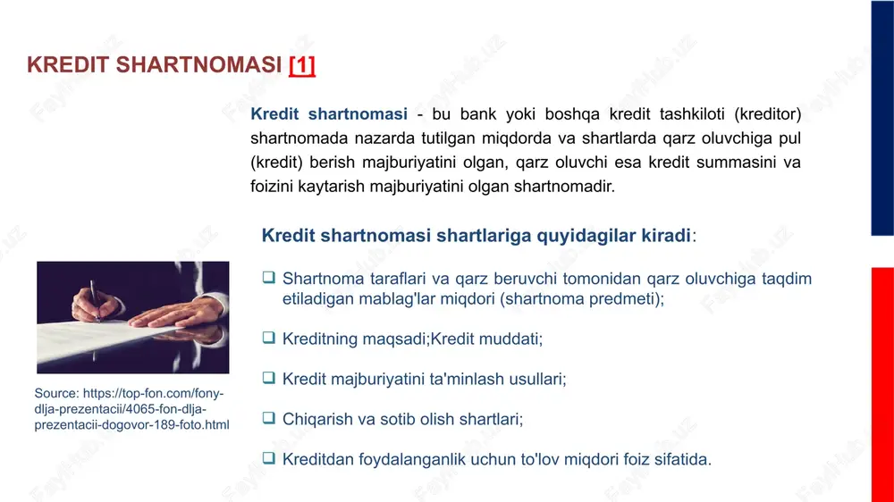 masiga qarzni ko‘rsatilgan summada, ko‘rsatilgan shartlarda, belgilangan muddatda to‘lash majburiyatini oladi. amaliyotda vekselni oddiy va o‘tkazma turlari mavjud. ochiq schyot orqali hisoblashilganda haridor tovarga buyurtma berilishi bilan yuklar jo‘natiladi, to‘lov esa o‘rnatilgan muddatlarda kelishilgan summa chegarasida vaqti-vaqti bilan amalga oshirilib boriladi. bunda haridor har gal tovar olishda kreditni rasmiylashtirib o‘tirmaydi. konsignasiya usulida tovarni sotib oluvchilar hech qanday majburiyatsiz sotib oladilar, ya’ni tovarlar sotilganidan keyin puli to‘lanadi, agar u sotilmay qolsa egasiga qaytarib beriladi. chegirma berish - to'lovlar bo'yicha chegirmalar taqdim etish – bu sotib tovar oluvchilarga muddatidan oldin tolaydigan bo’lsa chegirmalar berilishi mavsumiy kredit odatda o‘yinchoqlar, suvenirlar va boshqa xalq iste'mol mollarini sotishd qo‘llaniladi. masalan, o‘yinchoqlarni vaqtidan oldin olib yangi yil o‘tgach yanvar-fevral oyid to‘laydi. buni ishlab chiqaruvchilar uchun qulayligi ular tovarlarni omborlarda saqlas harajatlaridan xolos bo‘ladilar xorijiy mamlakatlarda tijorat kreditidan keng foydalaniladi. mdh mamlakatlari amaliyotida esa kam. jaxon amaliyotida tijorat kreditining ochiq schyot, konsignasiya, chegirma berish usullari kengroq foydalaniladi. …