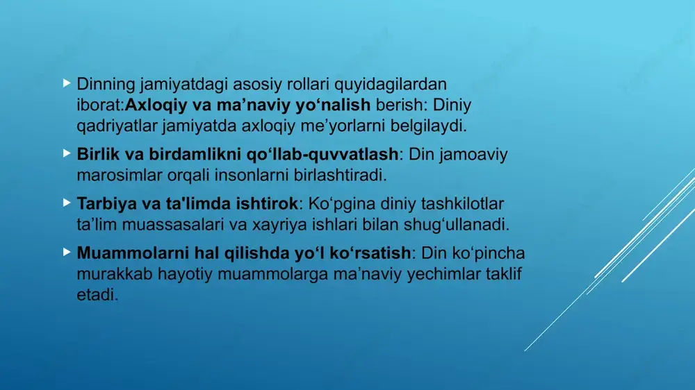 ar: ba'zi diniy qarashlar va hurfikrlilik jamiyatda ijtimoiy mavzularda farqlanishlarga olib kelishi mumkin. o‘zbekistonda din va hurfikrlilik bo‘yicha muhim masalalar:diniy ta'lim va dunyoviy ta'lim o‘rtasidagi balans: diniy bilimlarning dunyoviy bilimlar bilan uyg‘unlashuvi. yoshlar o‘rtasida diniy ekstremizmga moyillik: diniy ma’lumotni noto‘g‘ri talqin qilish xavfi. diniy bag‘rikenglik va hurfikrlilikka tahdidlar: turli ijtimoiy va siyosiy omillar. ommaviy axborot vositalarida din va hurfikrlilikning noto‘g‘ri yoritilishi: ba’zi mavzularning noto‘g‘ri yoritilishi jamiyatda to‘qnashuvlarga olib kelishi mumkin. ekstremizmga qarshi kurashda hurfikrlilik muhim rol o‘ynaydi:ta'lim va xabardorlik: ekstremistik g‘oyalarning oldini olish uchun keng qamrovli ta’lim zarur. hurfikrlilikni rivojlantirish: tanqidiy fikrlash orqali odamlar ekstremizmga qarshi tura oladi. diniy bag‘rikenglik: turli dinlarga hurmat bilan yondashish ekstremizm xavfini kamaytiradi. huquqiy choralar: diniy ekstremizmga qarshi qonuniy choralar va profilaktik tadbirlar qo‘llaniladi. din va hurfikrlilik o‘rtasidagi muvozanatni saqlash uchun:o‘rtamiyona yondashuv: ekstremizmdan uzoq turish uchun muvozanatni ta’minlash. o‘qitish va tarbiya: turli e’tiqod va fikrlarni tushunish va qabul qilish. ochiq muloqot va madaniyatlararo almashinuv: turli …