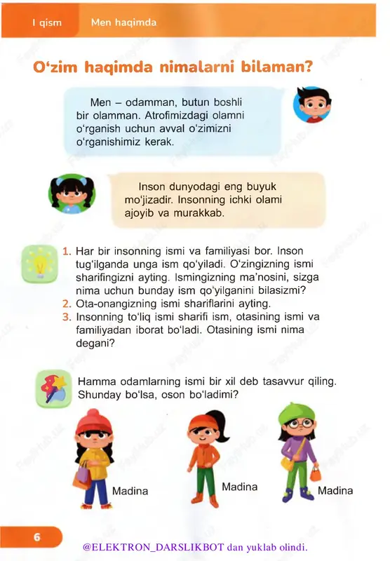 arning hidi, archaning hidi. ovqatning yoqimli hidi esa ishtahani ochib yuboradi. lekin ba’zi moddalarning hidi insonga yoqmaydi. bu holatda burun bizni xavf-xatar haqida ogohlantiradi: ovqat achib hidlanib qolgani yoki havoda zaharli gaz borligini bildiradi. o id hid bilish hidlarni sezish qobiliyatidir. biz hidlarni . burun orqali bilib olamiz. 1. nimalarning hidi yoqimli, nimalarning hidi yoqimsiz bo'ladi? 2. siz nimalarning hidini yaxshi ko‘rasiz? @elektron_darslikbot dan yuklab olindi. q -q har bir narsaning o'z hidi bo‘ladi. bu hid boshqa narsalarning hididan farq qiladi. maktabda, ko'chada ham har xil narsalarning hidi bor. ba’zan odamlardan kelayotgan hidga qarab, ularning kasbini bilish mumkin. 1. kasalxonada nimaning hidi keladi? novvoyxonada-chi? 2. bu kasbdagi kishilardan nimaning hidi keladi? vsr bo‘yoqchi oshpaz ■sir jk shifokor haydovchi 0 ‘t o‘chiruvchi novvoy @elektron_darslikbot dan yuklab olindi. men haqimda i qism attor - hidlar bilan shug'ullanuvchi odam. u turli qorishmalar yordamida atirlar, xushbo‘y gigiyena vositalari, » hatto yeguliklar mazasini boyitadigan qo‘shimchalar …