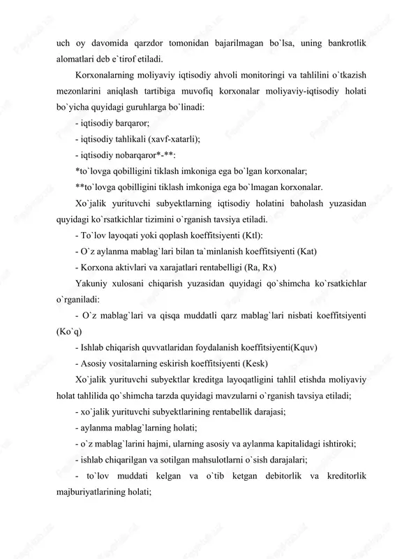 gi mavzularni o`rganish tavsiya etiladi; - xo`jalik yurituvchi subyektlarining rentabellik darajasi; - aylanma mablag`larning holati; - o`z mablag`larini hajmi, ularning asosiy va aylanma kapitalidagi ishtiroki; - ishlab chiqarilgan va sotilgan mahsulotlarni o`sish darajalari; - to`lov muddati kelgan va o`tib ketgan debitorlik va kreditorlik majburiyatlarining holati; - xo`jalik yurituvchi subyektlarning pul va qimmatli qog`ozlarining mavjudligi va boshqa jihatlari. bugungi amaliyotda mamlakatimiz tijorat banklari tomonidan xo`jalik yurituvchi subyektlarga uzoq va qisqa muddatli kreditlarni jalb etishda moliyaviy tahlilda o`rganiladigan ko`rsatkichlar tizimiga 5 ta tarkib guruh ko`rsatkichlarni kiritish lozim. bu ko`rsatkichlar quyidagilardan iborat: 1. to`lov layoqati va likvidlilik koeffitsiyentlari; 2. ish aktivligi koeffitsiyentlari; 3. moliyaviy leveridj koeffitsiyentlari 4. rentabellik koeffitsiyentlari 5. qarzni qoplashni tavsiflovchi koeffitsiyentlar rivojlangan davlatlarda kreditga qodirlikni baholashda eng muhim qoida sifatida shartli “s-1-5” qoidasiga amal etiladi. bu qoida quyidagilarni xarakterlaydi. s1-charakter – qarz beruvchining bozordagi obro`si, uning holatini aniqlash; c2-capacity – qarz oluvchining faoliyatni yakuniga yetkaza olishi, tegishli daromadga ega bo`lishi …