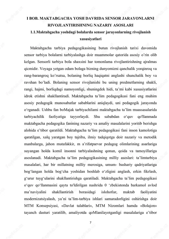 savvurlarni to’plashlari kerak. hayotining 4-yilidan boshlab bolalarda sensorli etalonlar shakllanadi: ranglar, geometrik shakllar va bir nechta predmetlar o’rtasidagi o’lcham munosabatlar to’g’risida barqaror, nutqga asoslangan ranglar taavvurlarini mustahkamlashdan iborat bo’ladi. keyinchalik, bolalarni rang sayqallari, geometrik shakllar variantlari va ko’proq miqdordagi predmetlar bilan tanishtirish kerak. etalonlarni shakllantirish bilan bir vaqtning o’zida bolalarga predmetlarni tekshirish usullarini o’rgatish kerak: ularni predmetlar namunalarini rang va shakli bo’yicha guruhlash, shaklni ketma-ket tekshirish va tavsiflash va tobora murakkab ko’z harakatlarini amalga oshirish. shu natijada quyidagi xulosalarni chiqarish mumkin: - bolaning sensor rivojlanishi bolalar bog’chasida bo’lgan vaqt davomida doimiy ravishda amalga oshirilishi kerak. - bu jarayonda tarbiyachi mavqei muhim ahamiyatni kasb etadi, chunki u bolaning atrof olamni bilish jarayonining murabbiysi hisoblanadi. - sensor rivojlanishning vazifalari bolaning o’sishi bilan yanada murakkablashadi, chunki dunyoni anglash jarayoni murakkablashadi, bilish usullari va olingan ma’lumotlarni qayta ishlash usullari yanada takomillashadi va boyiydi. ilk bolalik davridan idrok qilish, sezish natijasida aqliy harakatlar, narsa va …