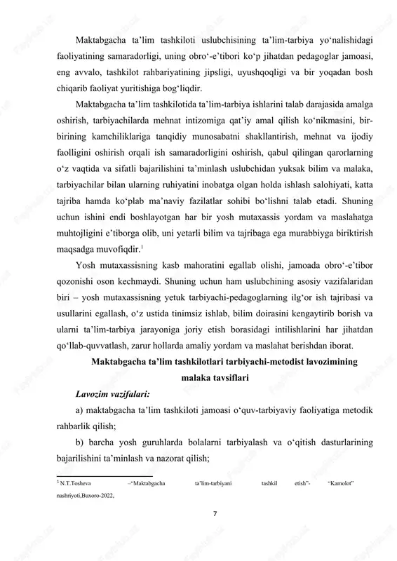 st: a) o‘zbekiston respublikasining “ta’lim to‘g‘risidagida”, ”kadrlar tayyorlash milliy dasturi to‘g‘risida” va “bola huquqlarining kafolatlari to‘g‘risida” gi qonunlarini; b) hukumatning tegishli qarorlari, maktabgacha ta’lim vazirligi tomonidan chiqarilgan normativ-huquqiy hujjatlarni; v) maktabgacha yoshdagi bolalarnining rivojlanishiga qo‘yilgan davlat talablarining mazmunini, bolalarni maktab ta’limiga tayyorlash dasturi va tarbiyaviy ishlar konsepsiyasini; g) maktabgacha pedagogika va psixologiyani, maktabgacha yoshdagi bolalarni o‘qitish va tarbiyalash shakl va uslublarini; d) maktabgacha ta’limga davlat talablarini bajarilishini nazorat qilish shakllari va uslublarini, bolalar hayoti va sog‘ligini muhofaza qilish qoidalarini; e) pedagogik fan va amaliyotda ishlab chiqilgan metodik hujjatlarni, o‘quv va tarbiya jarayonida o‘qitish texnikaviy vositalaridan foydalanish amaliyotini bilishi lozim. malaka talablari: a) o‘z yo‘nalishi bo‘yicha kamida bakalavr darajasidagi oliy ma’lumot yoki kichik yoshdagi bolalarni tarbiyalash bo‘yicha kurslarni tugatgani; b) xorijiy tillardan birining boshlang‘ich bosqichini va axborot-kommunikatsiya texnologiyalaridan foydalanishni bilishi; v) uch yildan kam bo‘lmagan pedagogik ish staji. uslubchining doimiy hujjatlari qatoriga guruhlardagi ta’lim-tarbiya va sog‘lomlashtirish ishlarini nazorat qilish daftari (jurnali) …