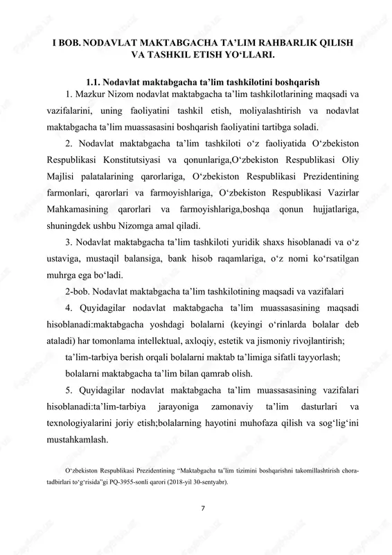 cha ta’lim tashkilotining ish tartibi va bolalarning tashkilotda bo‘lish vaqti tashkiloti ustavi hamda muassisning qarori bilan belgilanadi. nodavlat maktabgacha ta’lim tashkilotida 5 kunlik ish haftasi uchun, qoida tariqasida, quyidagi ish tartibi joriy etiladi: 12 soatli; 10,5 soatli; 9 soatli; 4 soatli. nodavlat maktabgacha ta’lim tashkilotida joylashgan hududda yashaydigan aholi talablaridan kelib chiqib, nodavlat maktabgacha ta’lim tashkilotida yoki uning alohida guruhlarida 6 kunlik ish haftasi ham joriy etilishi mumkin. 11. nodavlat maktabgacha ta’lim muassasasida bolalarning ovqatlanishi o‘zbekiston respublikasi sog‘liqni saqlash vazirligi tomonidan tasdiqlangan sanitariya qoidalari, normalari va gigiena normativlari asosida amalga oshiriladi. 12. nodavlat maktabgacha ta’lim tashkilotida tarbiyalanuvchilariga tibbiy yordam ko‘rsatish shtatdagi yoki sog‘liqni saqlash organlarining shartnoma asosida maxsus biriktirilgan tibbiyot xodimlari tomonidan amalga oshiriladi. tibbiyot xodimlari nodavlat maktabgacha ta’lim tashkiloti xodimlari bilan birgalikda bolalarning hayoti, sog‘lig‘i va jismoniy rivojlanishi, davolash-profilaktika tadbirlari o‘tkazilishi, sanitariya qoidalari, normalari va gigiena normativlariga, ovqatlanish rejimi va sifatiga rioya qilinishi uchun javob beradilar. nodavlat maktabgacha ta’lim …