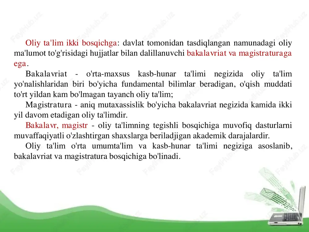 tekshirayotgan shaxs bilan bevosita aloqada bo'lish vaqtida og'zaki suhbat tarzida, suhbatdoshning javoblarini yozmasdan, erkin muomala shaklida olib boriladi. suhbat usuli - o'qituvchilar va talabalar jamoasi bilan, ota-onalar va keng jamoatchilik bilan, yakka va guruh tarzida ish olib borilganda qo'llaniladi. pedagogik so'rov usuli- tadqiqotchining boshqa kishilardan pedagogik tajribaning biror tomoni yoki hodisalar haqida axborot olish jarayoni bu usulning asosini tashkil qiladi. test savollari - yoki anketa usuli ilmiy farazning yangiligini aniqlash, yakka yoki guruh holdagi ta'lim oluvchilar fikrlarini, qarashlarini, qanday kasblarga qiziqishlarini, kelajak orzu-istaklarini bilish va tegishli xulosalar chiqarish, tavsiyalar berish maqsadida o'tkaziladi. test savollaridan ko'zlangan maqsad oz vaqt ichida talabalarning bilimlarini yoppasiga baholashdir. mutaxasislarning bilimini va dunyoqarashini aniqlash uslublaridan biri-bu test yordamidagi sinovdir. tajriba-sinov, eksperiment usuli-ushbu tajriba ta'lim-tarbiya jarayoniga aloqador ilmiy faraz yoki amaliy ishlarning tatbiqiy jarayonlarini tekshirish, aniqlash maqsadida o'tkaziladi. statistik ma'lumotlarni tahlil qilish usuli - ta'lim sohasidagi, jumladan, ta'lim oluvchilarni o'zlashtirish ko'rsatkichlari, otm uchun ajratilgan mablag'larning o'zgarib borishi, …