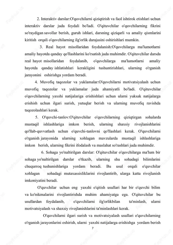 larni yuksak natijalarga erishish uchun ilgari surishlari kerak. o'quvchilarni yangi ma'lumotlarni amaliy hayotda qo'llashlariga imkon berish, ularning tajribalarini hisobga olgan holda dars berish juda muhimdir. o'quvchilarni ilgari surish va motivatsiyalash usullari o'quvchilarning o'rganish jarayonlarini oshirib, ularni yaxshi natijalarga erishishga yordam beradi. o'qituvchilar bu usullardan foydalanib, o'quvchilarni yuksak darajadagi bilim va ko'nikmalariga erishishlari uchun qo'llab-quvvatlash,ularni ilg'orlik bilan ta'minlash va shaxsiy rivojlanishlarini ta'minlashlari mumkin. bu usullar o'quvchilarni motivatsiyalash, ularning fikrini jalb qilish va ularning o'rganish jarayonini oshirib, yuksak natijalarga erishishlariga yordam beradi. maktabgacha ta’lim tashkilotlarida faoliyat turlarini to‘g‘ri tashkil etish bolalarning intellektual, jismoniy va ijodiy rivojlanishiga katta ta’sir ko‘rsatadi. o‘yin, ta’limiy, jismoniy, badiiy va mehnat faoliyatlari bir-birini to‘ldirib boradi va bola shaxs sifatida shakllanishida muhim rol o‘ynaydi. pedagoglar ushbu faoliyat turlarini bolalarning yoshiga va ehtiyojlariga mos ravishda tashkil qilish orqali ularning kelajakdagi ta’lim jarayoniga tayyorgarligini oshirishlari lozim. 1.2 maktabgacha ta’lim tashkilotlarida faoliyat turlarining tasnifi maktabgacha ta’lim bolalarning jismoniy, intellektual, ijtimoiy va axloqiy …