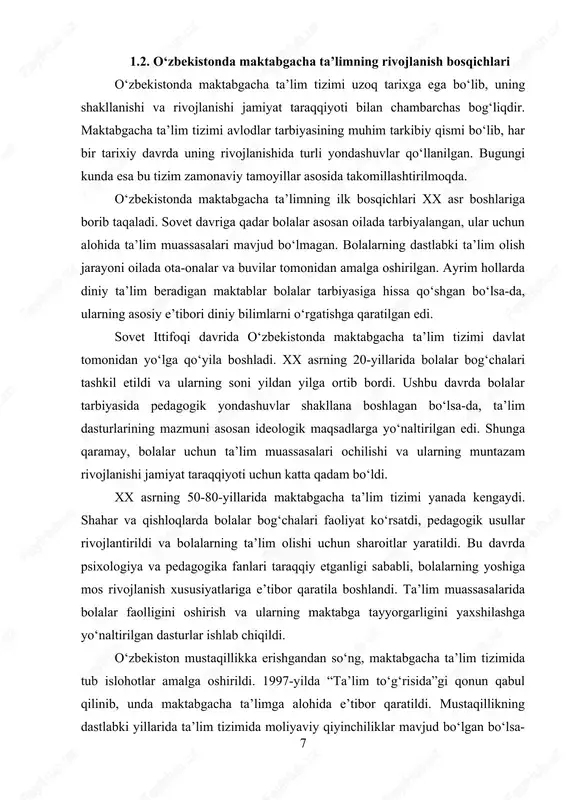 llashtirilmoqda. elektron ta’lim resurslari, interfaol metodlar va innovatsion texnologiyalar keng joriy etilmoqda. xalqaro tajribalarni o‘rganish va ularni milliy ta’lim tizimiga moslashtirish orqali bolalarning ta’lim olishi va intellektual rivojlanishiga ko‘proq e’tibor qaratilmoqda. maktabgacha ta’lim tizimining rivojlanish bosqichlariga nazar tashlar ekanmiz, uning jamiyatdagi ahamiyati tobora ortib borayotganini ko‘rish mumkin. bu sohada amalga oshirilayotgan islohotlar bolalarning intellektual va jismoniy rivojlanishini qo‘llab-quvvatlash, ularning maktabga puxta tayyorgarlik ko‘rishiga ko‘maklashish hamda milliy ta’lim tizimini yanada yuksaltirishga xizmat qiladi. 9 1.3. zamonaviy pedagogik yondashuvlar va innovatsion ta’lim metodlari zamonaviy pedagogik yondashuvlar va innovatsion ta’lim metodlari bugungi kunda ta’lim jarayonining eng muhim yo‘nalishlaridan biri hisoblanadi. bu yondashuvlar ta’lim sifatini oshirish, bolalarning individual xususiyatlarini inobatga olish va ularning ijodiy hamda mantiqiy fikrlash qobiliyatlarini rivojlantirishga qaratilgan. ta’lim jarayonida innovatsion texnologiyalarning joriy etilishi pedagogik faoliyat samaradorligini oshirib, zamonaviy bilim va ko‘nikmalarni shakllantirishga yordam beradi. hozirgi kunda pedagogik yondashuvlar asosan interfaol, texnologik va shaxsga yo‘naltirilgan tamoyillarga asoslanadi. traditsion ta’lim metodlari o‘rnini yangi, …