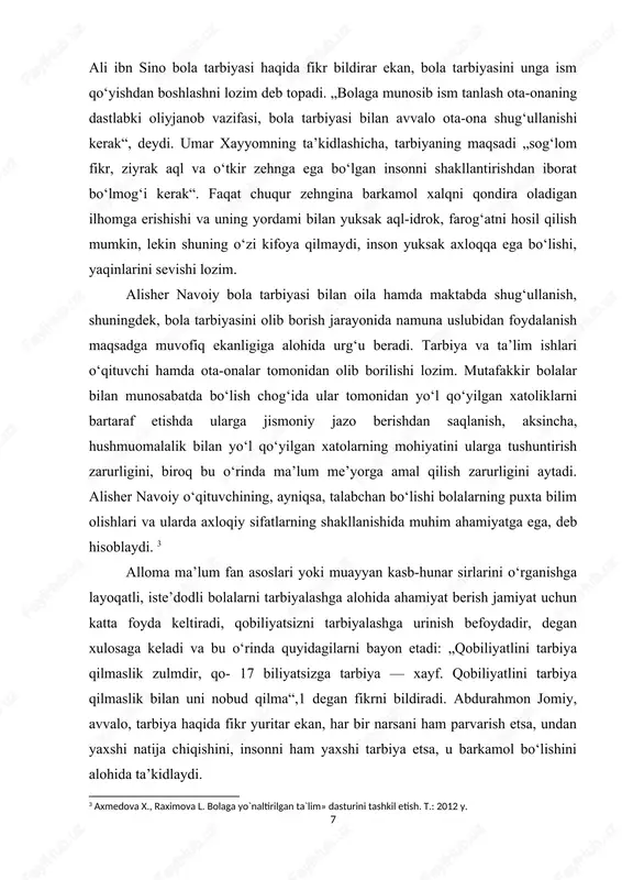 slari yoki muayyan kasb-hunar sirlarini o‘rganishga layoqatli, iste’dodli bolalarni tarbiyalashga alohida ahamiyat berish jamiyat uchun katta foyda keltiradi, qobiliyatsizni tarbiyalashga urinish befoydadir, degan xulosaga keladi va bu o‘rinda quyidagilarni bayon etadi: „qobiliyatlini tarbiya qilmaslik zulmdir, qo- 17 biliyatsizga tarbiya — xayf. qobiliyatlini tarbiya qilmaslik bilan uni nobud qilma“,1 degan fikrni bildiradi. abdurahmon jomiy, avvalo, tarbiya haqida fikr yuritar ekan, har bir narsani ham parvarish etsa, undan yaxshi natija chiqishini, insonni ham yaxshi tarbiya etsa, u barkamol bo‘lishini alohida ta’kidlaydi. 3 axmedova x., raximova l. bolaga yo`naltirilgan ta`lim» dasturini tashkil etish. t.: 2012 y. 8 jaloliddin devoniy „bolaning tarbiya olishi, odob-axloqli bo‘lishi uning keyingi tarbiyasiga bog‘liq. chunki hayotda har kuni bola ko‘radigan, muloqotda bo‘ladigan narsalar uning xulqiga yaxshi va yomon tomondan ta’sir etadi. bolada har kuni insoniy xislatlar: yurish-turish qoidalari, xushmuomalalik, otaona va boshqa katta yoshlilarni hurmat qilish, to‘g‘rilik va rostgo‘ylikni o‘rganish, shirinsuxanlik, kamtarlik, so‘zlashuv odobiga rioya qilish kundalik turmushda o‘rganiladi“, …