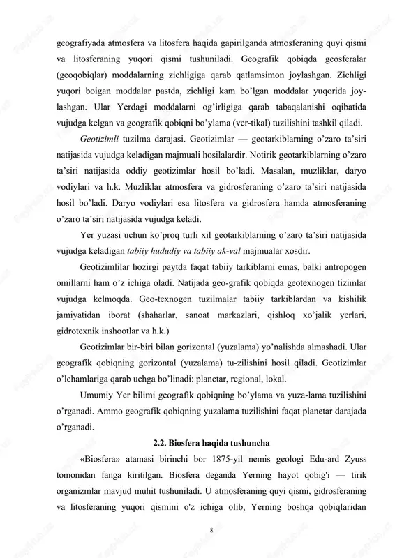 harlar, sanoat markazlari, qishloq xo’jalik yerlari, gidrotexnik inshootlar va h.k.) geotizimlar bir-biri bilan gorizontal (yuzalama) yo’nalishda almashadi. ular geografik qobiqning gorizontal (yuzalama) tu-zilishini hosil qiladi. geotizimlar o’lchamlariga qarab uchga bo’linadi: planetar, regional, lokal. umumiy yer bilimi geografik qobiqning bo’ylama va yuza-lama tuzilishini o’rganadi. ammo geografik qobiqning yuzalama tuzilishini faqat planetar darajada o’rganadi. 2.2. biosfera haqida tushuncha «biosfera» atamasi birinchi bor 1875-yil nemis geologi edu-ard zyuss tomonidan fanga kiritilgan. biosfera deganda yerning hayot qobig'i — tirik organizmlar mavjud muhit tushuniladi. u atmosferaning quyi qismi, gidrosferaning va litosferaning yuqori qismini o'z ichiga olib, yerning boshqa qobiqlaridan 8 o'zining bir qator xususiyatlari bilan ajralib turadi. eng asosiy farqi-bu muhitda tirik organizmlarning (o'simliklar, mikroorganizmlar, hayvonot dunyosi) mavjudligi hisoblanadi. ammo biosfera yaxlit qobiqni hosil qilmaydi. biosferaning yuqori chegarasi atmosfe-raning 25 — 30 km. balandlikda joylashgan ozon qatlami, quyi chagarasi quruqlikda 1 0 — 1 2 km. chuqurlikdan o'tkaziladi. gidrosfera esa butunlay biosfera tarkibiga kiritiladi. organizm-larning …