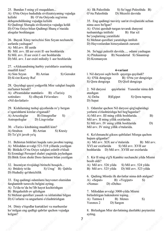 vv іv ming yillikda s) mil.avv ііі ming yillikda b) mil.avv v ming yillikda d) mil.avv vі ming yillikda 33. patriarxat davri qachon boshlangan? a) mil.avv v ming yillik s) mil.avv іv ming yillik b) mil.avv ііі ming yillik d) mil.avv іі ming yillik 34. ota tomonidan yaqin qarindoshlarning bir necha avlodlaridan tashkil topgan oila bu... a) monogam oila s) patriarxal oila b) umumiy oila d) kannibal oila 35. zamonbobo qaysi davrda yashagan charvodorlar va dehqonlarning qadimiy manzilgohi hisoblanadi? a) mil.avv і ming yillikda s) mil.avv іі ming yillikda b) mil.avv ііі ming yillikda d) mil.avv іv ming yillikda 36. bronza davriga old sarazm manzilgohi qayerdan topilgan? a) turkmanistondan s) zarafshon daryosi havzasidan b) tojikistondan d) surxondaryo vodiysidan 3-variant 1. bronza davriga old oltintepa va namozgoh manzilgohlari qayerdan topilgan? a) turkmanistondan s) zarafshon daryosi havzasidan b) tojikistondan d) surxondaryo vodiysidan 2. sopollitepa manzilgohi qaysi davrga oid? a) bronza. mil.avv іі …