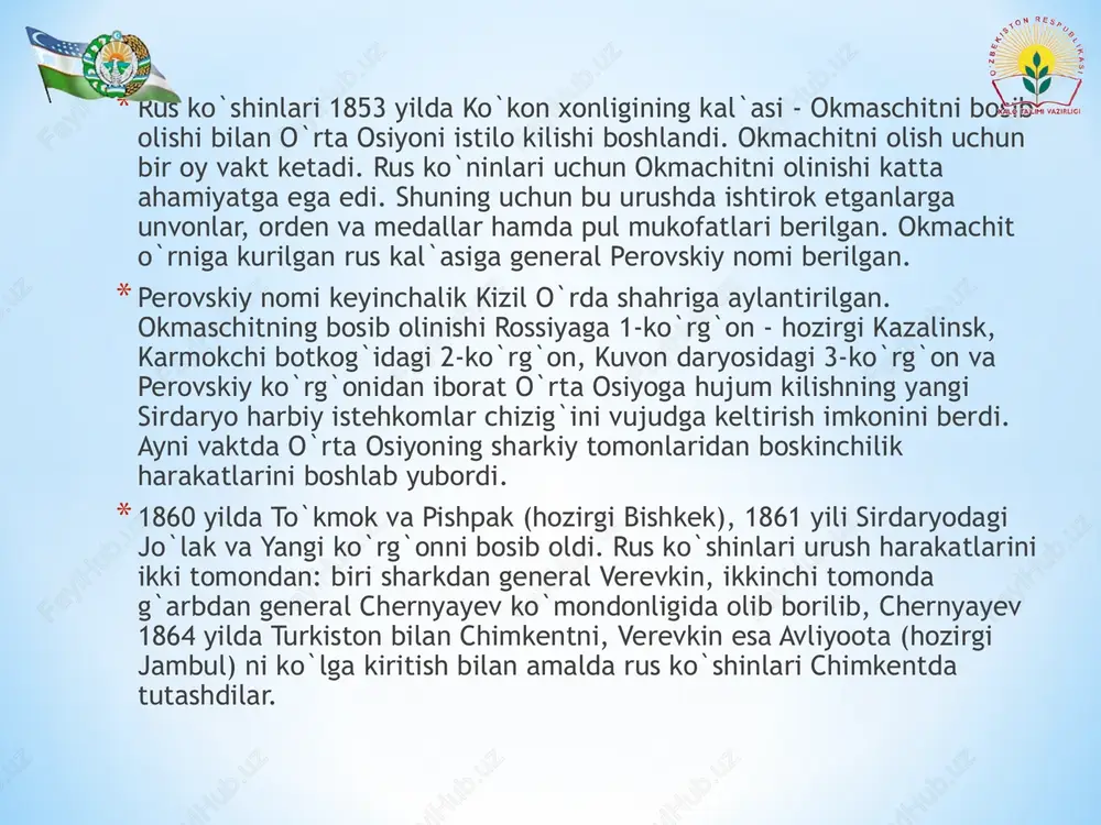 a rus ishbilarmon va savdo firmalarining dastlabki paxta plantatsiyalari paydo bo`ldi. belyakovning 620 desyatina (1 desyatina bir gektarga yakin yer o`lchov birligi), yaroslavl katta manufakturasi - 400, tarsin - 200, aka-uka nikiforovlarning 300 desyatina yerda paxta plantatsiyalari bor edi. samarkand oblastida eng yirik shirkatchi meyyerkortning 200 desyatinaga yakin, farg`ona oblastida tomich, kudrin firmasi, yaroslavl katta manufakturasi uchun paxta yetishtirardi. turkistonda umumiy hajmi 4800 desyatina bo`lgan maydondagi yirik plantatsiyada paxta yetishtirib katta daromad olishayotgan edi. paxta rus kapitalini ham o`rta osiyoga jalb etdi. rusning mustamlakachilik tartibi o`rta osiyo xalklariga nima berdi? birinchidan, ruslarning o`rta osiyoni bosib olgan dastlabki davriga nisbatan xix asrning 80-90-yillariga kelib, dehkonlar ommasining aksariyat kismi kashshoklashdi. ikkinchidan, anikrok aytadigan bo`lsak, rus va mahalliy boylar, savdo-sanoatchilari 1889-1890 yillarda samarkand uyezdidagi kambag`allarning 15 ming desyatina, jizzax uyezdida 5 ming desyatina yerini turli yo`llar bilan tortib olgan. bu jarayon farg`ona viloyatida bundan ham fojialirok kechgan. a.f.middendorfning ta`kidlashicha, farg`onada yersiz kolgan dehkonlarning …