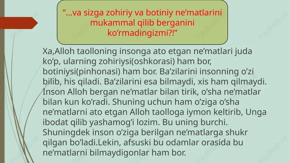 sbatan hurmat-ehtiromni topadilar. boshqa dinlarda esa bu narsa uchramaydi. alloh taolo barcha payg’ambarlarini havoyi nafs qulligidan ozod qilish, turli gunohlardan qaytarish, yaxshi xulqlarga ega bo’lish uchun chaqirishga yuborgan. shunday ekan, avvalo payg’ambar alayhissalomlarning o’zlari shu yaxshi fazilatlarning sohiblari bo’liishlari lozim. agar ularning xulqi yaxshi bo’lmasa, yomomn o’rnak bo’ladi va allohning ta’limotlari puchga chiqadi. alloh taolloning irodasi bilan har ummatga o’zidan chiqqan payg’ambar yuborilib, u kishilarni saodat yo’liga boshlagan. qur’oni karimda 25-ta payg’ambar ismi zikr qilingan. ammo ulardan boshqa yana bir qancha payg’ambarlar o’tganligi ta’kidlangan. agar avvalgi payg’ambarlar o’z qavmi uchun payg’ambar qilib yuborilgan bo’lsa, payg’ambarimiz muhammad alayhissalom barcha ummatlarning payg’ambaridirlar. payg’ambarlar to’g’risida qur’oni karimda shunday marhamat qilinadi: وَجَعَلۡنَٰهُمۡ أَئِمَّةٗ يَهۡدُونَ بِأَمۡرِنَا وَأَوۡحَيۡنَآ إِلَيۡهِمۡ فِعۡلَ ٱلۡخَيۡرَٰتِ وَإِقَامَ ٱلصَّلَوٰةِ وَإِيتَآءَ ٱلزَّكَوٰةِۖ وَكَانُواْ لَنَا عَٰبِدِينَ “ va ularni amrimiz ila hidoyatga boshlovchi peshvolar qildik. ularga yaxshiliklar qilishni, namozni to’liq ado etishni va zakot berishni vahiy qildik. ular bizga ibodat qiluvchi bo’ldilar.”(anbiyo surasi,73-oyat) payg’ambarlar …