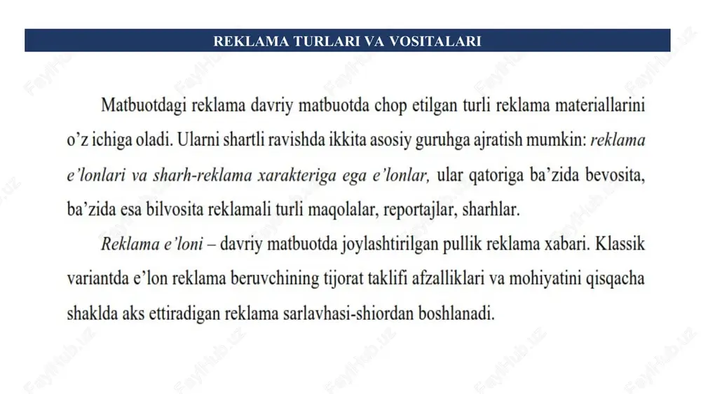 ni elektron shaklda kiritish; reklama vositalarini, shuningdek reklama materiallarining hajmlarini va ushbu materiallarni yetkazib berish shakllarini mustaqil ravishda belgilash, bundan qonunda belgilangan hollar mustasno. reklama beruvchi: zarur bo‘lgan taqdirda, reklama tayyorlovchining va (yoki) tarqatuvchining talabiga ko‘ra reklama axborotining ishonchliligini tasdiqlovchi hujjatlarni taqdim etishi; agar reklama qilinayotgan faoliyat litsenziyalanishi lozim bo‘lsa yoki uning yuritilishi tegishli ravishda ruxsat etish xususiyatiga ega hujjat olishni talab qilsa, reklama ishlab chiqaruvchi va tarqatuvchiga tegishli litsenziya yoki ruxsat etish xususiyatiga ega hujjatni taqdim etishi, shuningdek majburiy sertifikatlashtirilishi lozim bo‘lgan tovar reklama qilingan taqdirda, sertifikatni taqdim etishi; reklama to‘g‘risidagi qonunchilik buzilganligi vakolatli davlat organi tomonidan aniqlangan taqdirda, vakolatli davlat organining qaroriga ko‘ra u ko‘rsatgan muddatda aksilreklamani amalga oshirishi; vakolatli davlat organining so‘roviga ko‘ra reklama axborotiga doir hujjatlar va materiallarni belgilangan muddatda taqdim etishi; qoraqalpog‘iston respublikasi vazirlar kengashining, viloyatlar va toshkent shahri hokimlarining so‘roviga ko‘ra tashqi reklama obyektlaridan foydalanish bilan bog‘liq hujjatlar hamda materiallar taqdim etishi shart. reklama …