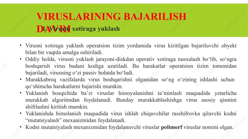 cha fayllar xeshlanib, xesh qiymatlari xavfsiz manzilda saqlangan bo‘lsin. u holda vaqti-vaqti bilan ushbu faylning xesh qiymatlari qaytadan hisoblanadi va dastlabkilari bilan taqqoslanadi. agar faylning bir yoki bir nechta bitlari o‘zgarishga uchragan bo‘lsa, xesh qiymatlar bir biriga mos kelmaydi va fayl virus tomonidan zararlangan hisoblanadi. ushbu usulning afzalliklaridan biri shuki, agar fayl zararlangan bo‘lsa, uni to‘liq aniqlash mumkin. bundan tashqari, oldin noma’lum bo‘lgan zararli dasturni ham aniqlash mumkin. biroq, ushbu usul kamchiliklarga ham ega. tizimdagi fayllar odatda tez-tez o‘zgarib turadi va natijada yolg‘ondan zararlangan deb topilgan holatlar soni ortadi. agar virus tizimdagi tez-tez o‘zgaruvchi fayl ichiga joylashtirilgan bo‘lsa, ushbu usulni osonlik bilan aylanib o‘tish mumkin.. anomaliyaga asoslangan aniqlash anomaliyaga asoslangan usul noodatiy yoki virusga o‘xshash yoki bo‘lishi mumkin bo‘lgan zararli harakatlarni yoki xususiyatlarni topishni maqsad qiladi. ushbu g‘oya ids tizimlarida ham foydalaniladi. ushbu usulning fundamental muammosi - qaysi holatni normal va qaysi holatni normal bo‘lmagan deb topish hamda ushbu ikki …