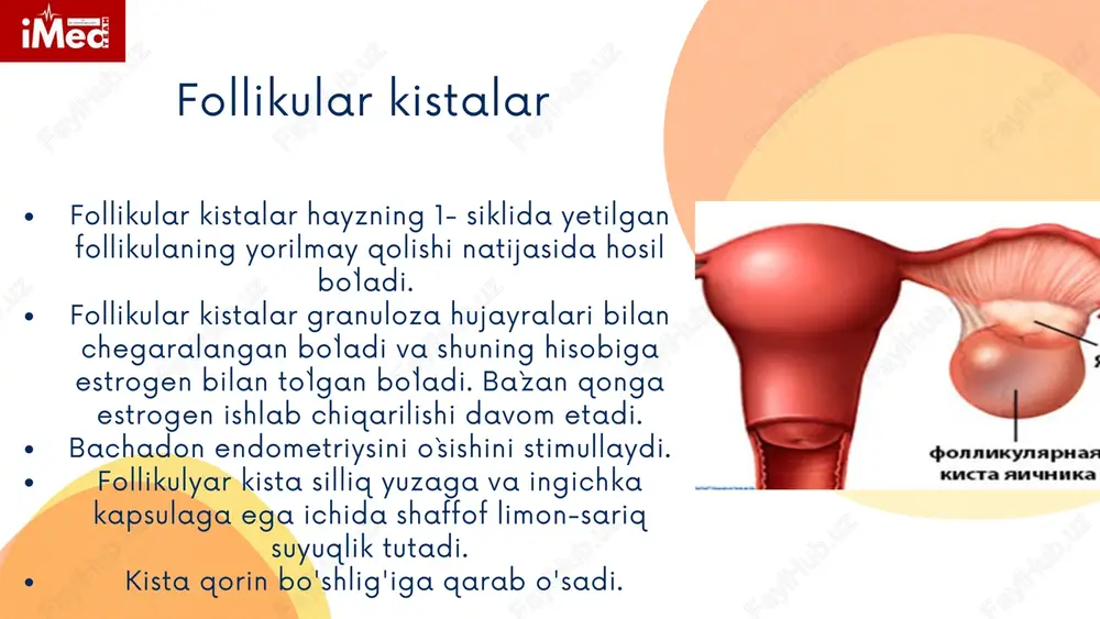 39 ° c gacha ko'tarilishi; hayz davrining buzilishi; yaqqol intoksikatsiya sindromi; ko'ngil aynishi; og'izda quruqlik; o'tirganda,dumg`aza qismida og'riq. tuxumdon kistasining yiringlash belgilari: e`tiboringiz uchun rahmat!