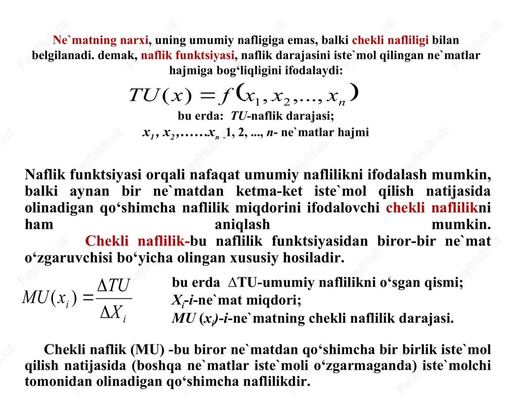 quyidagicha yozish mumkin: bu tengsizlik tovarlarga sarflanadigan xarajatlar yig‘indisi, iste`molchi daromadidan oshmasligini bildiradi * iste`molchi tanlovi iste`molchining afzal ko‘rishi iste`molchining daromadi tovarlarning narxi cheklangan byudjet chizig‘i befarqlik egri chizig‘i * iste`molchining tovarlarni sotib olishi mumkin bo‘lgan sohasi byudjet chegarasi tenglamasi grafikda av chizig‘ini beradi va bu chiziq byudjet chizig‘i deyiladi.  x2 r/ix2 a i/px1 0 x1 d c b * * * * befarqlik egri chizig‘i byudjet chizig‘i bilan urinib o‘tgan nuqta iste`molchining muvozanat holatini ifoda etadi. i/p2 i/p1 tu3 tu2 iste`molchi muvozanati holati a x1 b x2 e tu1 x2 x1 ikkita ne`mat uchun quyidagi iste`molchi tanlovi masalasini qarab chiqamiz. naflik funktsiyasi: optimallik sharti: bu munosabatni byudjet chizig‘i tenglamasiga qo‘yamiz: * masala: iste`molchining bir kunlik daromadi 25 dollarga teng va uni x va y tovarlarga sarflaydi deb faraz qilamiz. x tovar narxi 3 dollar, y tovar narxi 6 dollar bo‘lsin. iste`molchi uchun naflilik funktsiyasi tu(x,y)=0,5 xy funktsiya orqali …