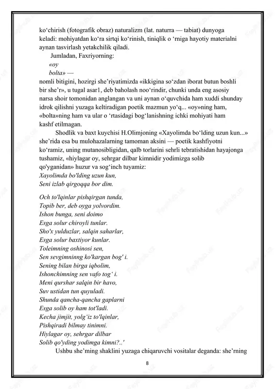tunda, topib ber, deb oyga yolvordim. ishon bunga, seni doimo esga solur chiroyli tunlar. sho'x yulduzlar, salqin saharlar, esga solur baxtiyor kunlar. toleimning oshinosi sen, sen sevgimninng ko'kargan bog' i. sening bilan birga iqbolim, ishonchimning sen vafo tog‘ i. meni qurshar salqin bir havo, suv ustidan tun quyuladi. shunda qancha-qancha gaplarni esga solib oy ham tot'ladi. kecha jimjit, yolg‘iz to'lqinlar, pishqiradi bilmay tinimni. hiylagar oy, sehrgar dilbar solib qo'yding yodimga kimni?..' ushbu she’ming shaklini yuzaga chiqaruvchi vositalar deganda: she’rning ritmi, turoqlanishi, vazni, qofiyalanish tartibi, ohangi, poetik sintaksisi, fonetikasi, badiiy-tasviriy vositalari kabilar tushuniladi. bu shakliy vositalaming barchasi birvarakayiga lirik qahramonning sevgilisiga bomgan muhabbatini, bu muhabbat uyg'otgan sog‘inchni ochib berishga xizmat qiladilar. mazmun va shakldagi ana shunday yaxlitlik — poetik asarni jo‘shqin, ta’sirchan qilgan. mazmun sayoz bo‘lganda-chi? shakl yasama bommaydimi? shu nuqtai-nazardan hozirgi jarayonga bir nazar tashlaylik. san’at — serzavq go'zallik, o‘ta nafislik, to'kis uyg‘unlik, huzurbaxsh oromijonlik xislatlari — mazmun va shaklining …