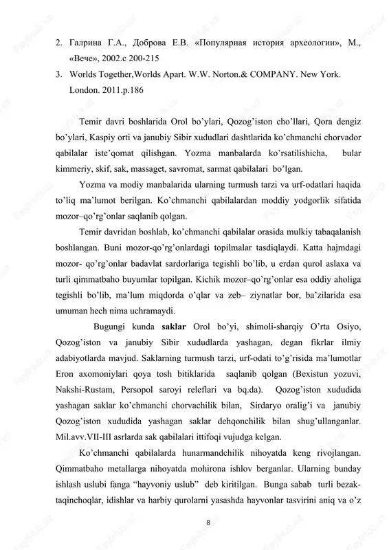 iyo, qozog’iston va janubiy sibir xududlarda yashagan, degan fikrlar ilmiy adabiyotlarda mavjud. saklarning turmush tarzi, urf-odati to’g’risida ma’lumotlar eron axomoniylari qoya tosh bitiklarida saqlanib qolgan (bexistun yozuvi, nakshi-rustam, persopol saroyi releflari va bq.da). qozog’iston xududida yashagan saklar ko’chmanchi chorvachilik bilan, sirdaryo oralig’i va janubiy qozog’iston xududida yashagan saklar dehqonchilik bilan shug’ullanganlar. mil.avv.vii-iii asrlarda sak qabilalari ittifoqi vujudga kelgan. ko’chmanchi qabilalarda hunarmandchilik nihoyatda keng rivojlangan. qimmatbaho metallarga nihoyatda mohirona ishlov berganlar. ularning bunday ishlash uslubi fanga “hayvoniy uslub” deb kiritilgan. bunga sabab turli bezak-taqinchoqlar, idishlar va harbiy qurolarni yasashda hayvonlar tasvirini aniq va o’z navbatida murakkab, naqshindor qilib yasashgan. sak va skiflar yaratgan madaniyat bir biriga o’xshash bo’lsada, skiflar madaniyatida yunonlarning ta’siri seziladi. shuningdek, saklar uchi uzun (70sm.ga yaqin) qalpoq va uzun chakmon kiygan. tasvirlarda u tizzadan past qilib aks ettirilgan. oyoq kiyimlari uzun ko’njli etik bo’lgan. skiflar tasvirida ular uchi qayilgan qalpog’da, ba’zan qalpoqsiz bo’lib, sochi elkaga tushib turgan xolda …
