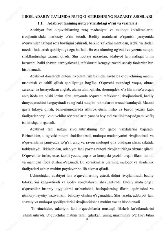 tiradi. shu tarzda, o‘quvchi o‘z fikrini erkin, mantiqiy va ifodali tarzda bayon eta oladigan shaxs sifatida shakllanadi. shu sababli, adabiyot fani nafaqat badiiy tafakkur va estetik didni rivojlantiradi, balki o‘quvchilarning og‘zaki va yozma nutqini mustahkamlashda, ularni mustaqil va ijodiy fikrlashga o‘rgatishda beqiyos rol o‘ynaydi. nutqni rivojlantirish adabiyot ta’limining eng muhim vazifalaridan biri bo‘lib, bu jarayon o‘quvchilarning shaxs sifatida kamol topishiga, muloqot madaniyatini shakllantirishga xizmat qiladi. adabiyot fani o‘quvchilarning muloqot madaniyati va nutqini rivojlantirishda muhim o‘rin tutadi. badiiy matn orqali o‘quvchilar nafaqat tafakkurini kengaytiradi, balki og‘zaki va yozma nutq ko‘nikmalarini shakllantiradi. adabiyot darslarida o‘quvchilarga matnni tushunish, tahlil qilish, o‘z fikrini aniq va ravon ifoda etish imkoniyati beriladi. shu bilan birga, badiiy matnni o‘rganish orqali ular estetik didini rivojlantiradi, tafakkurini kengaytiradi va ijodiy yondashuvga ega bo‘ladi. bu jarayon o‘quvchining mustaqil fikrlashini va o‘z fikrini mantiqan asoslash ko‘nikmalarini shakllantirishga yordam beradi. shu sababli adabiyot fani nafaqat bilim beruvchi, balki shaxsni shakllantiruvchi asosiy fanlardan …